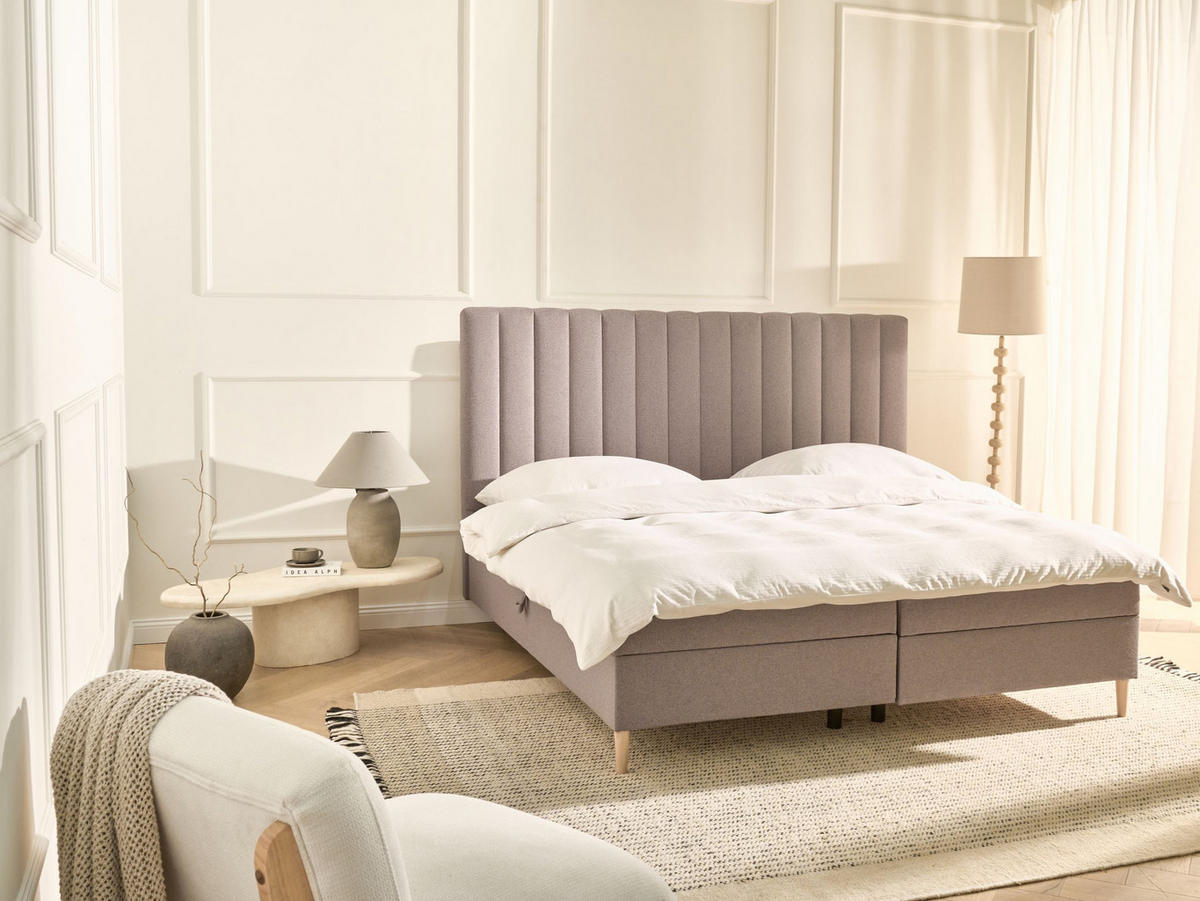 BOXSPRINGBETT mit Stauraum 180/200 cm Stoff Taupe Officer - Taupe, Textil (180/200cm) - Beliani