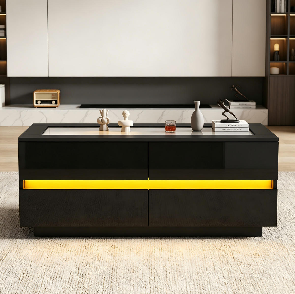 COUCHTISCH aus Spanplatte 100x50x40 cm Schwarz mit 4 Schubladen, LED-Beleuchtung und Glasplatte - Schwarz, Holzwerkstoff (100/50/40cm) - IVMEU