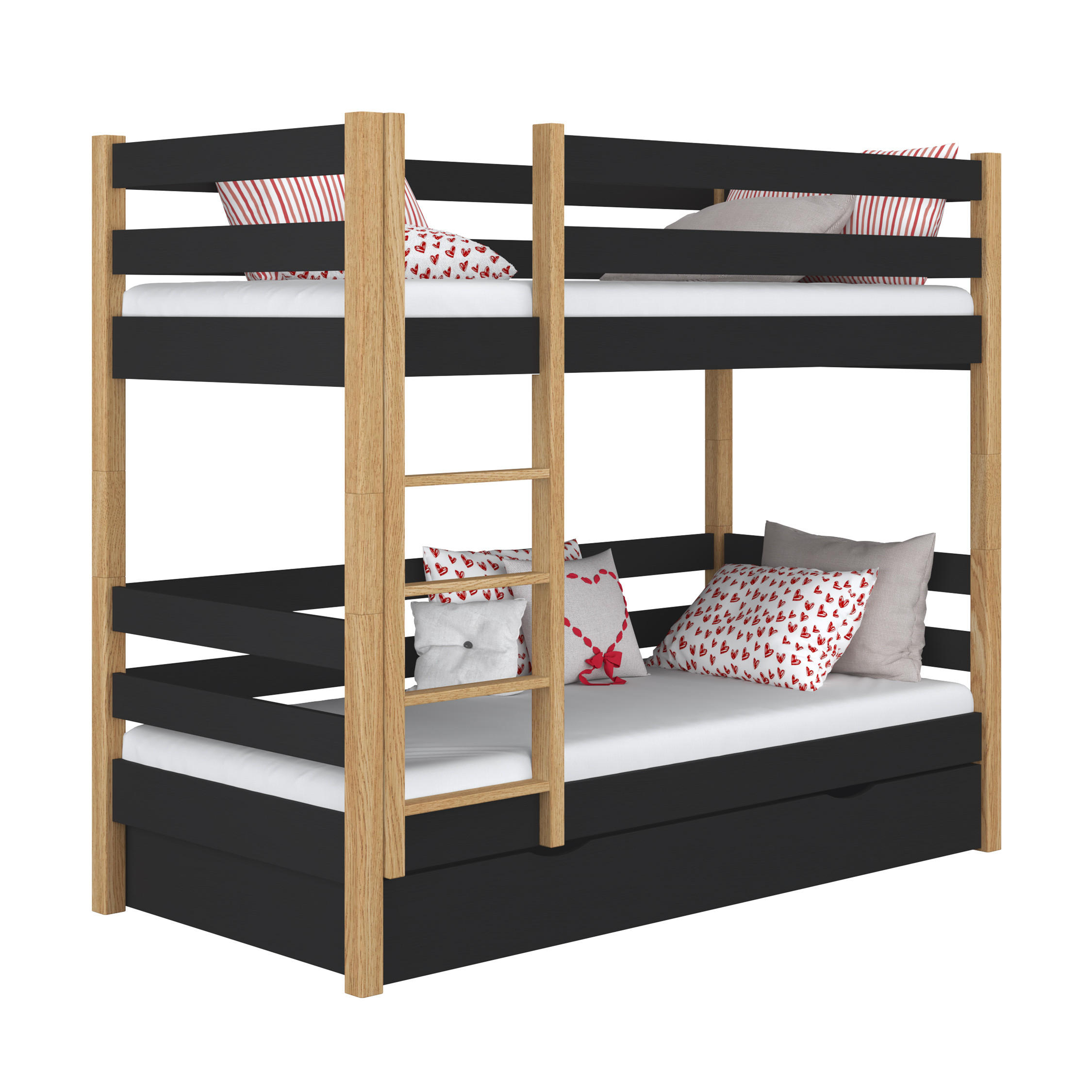ETAGENBETT N01 mit Schublade Schwarz / Eiche Natur 100/200 - Schwarz/Eiche Artisan, Naturmaterialien/Holz (100/200cm) - N-Wood