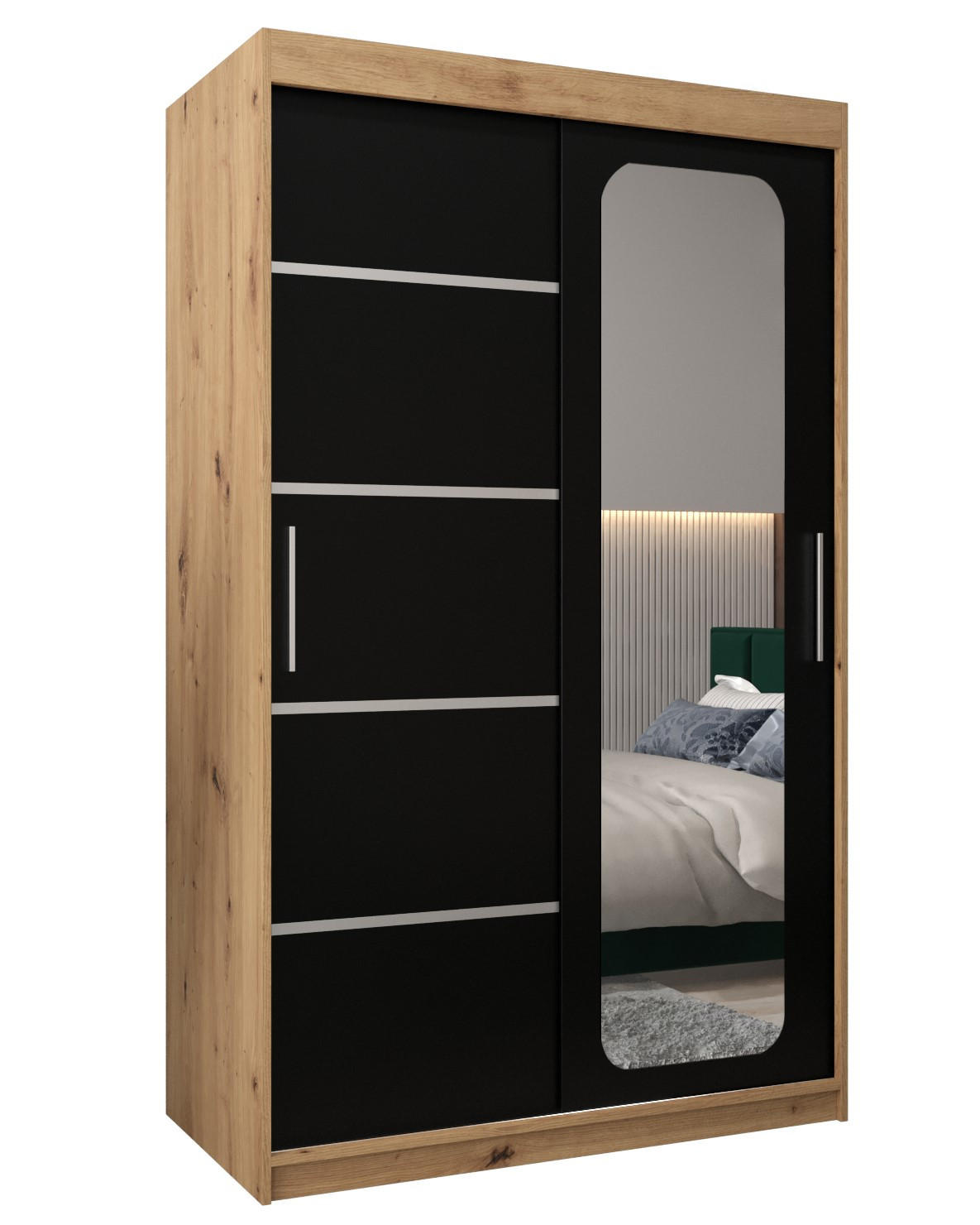 Abiks Möbel Schwebetürenschrank Eiche Artisan, Schwarz 120x200x62 cm