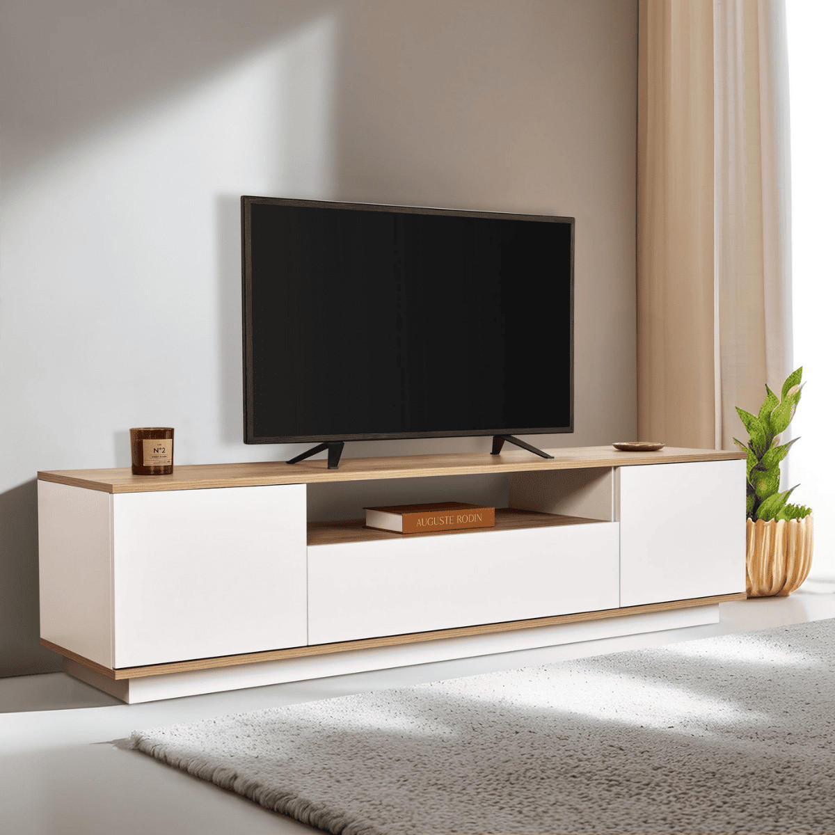 TV furniture with 3 folding doors and 1 niche, L180 cm - Weiß, Holzwerkstoff (44.5/44.6/180cm) - Calicosy