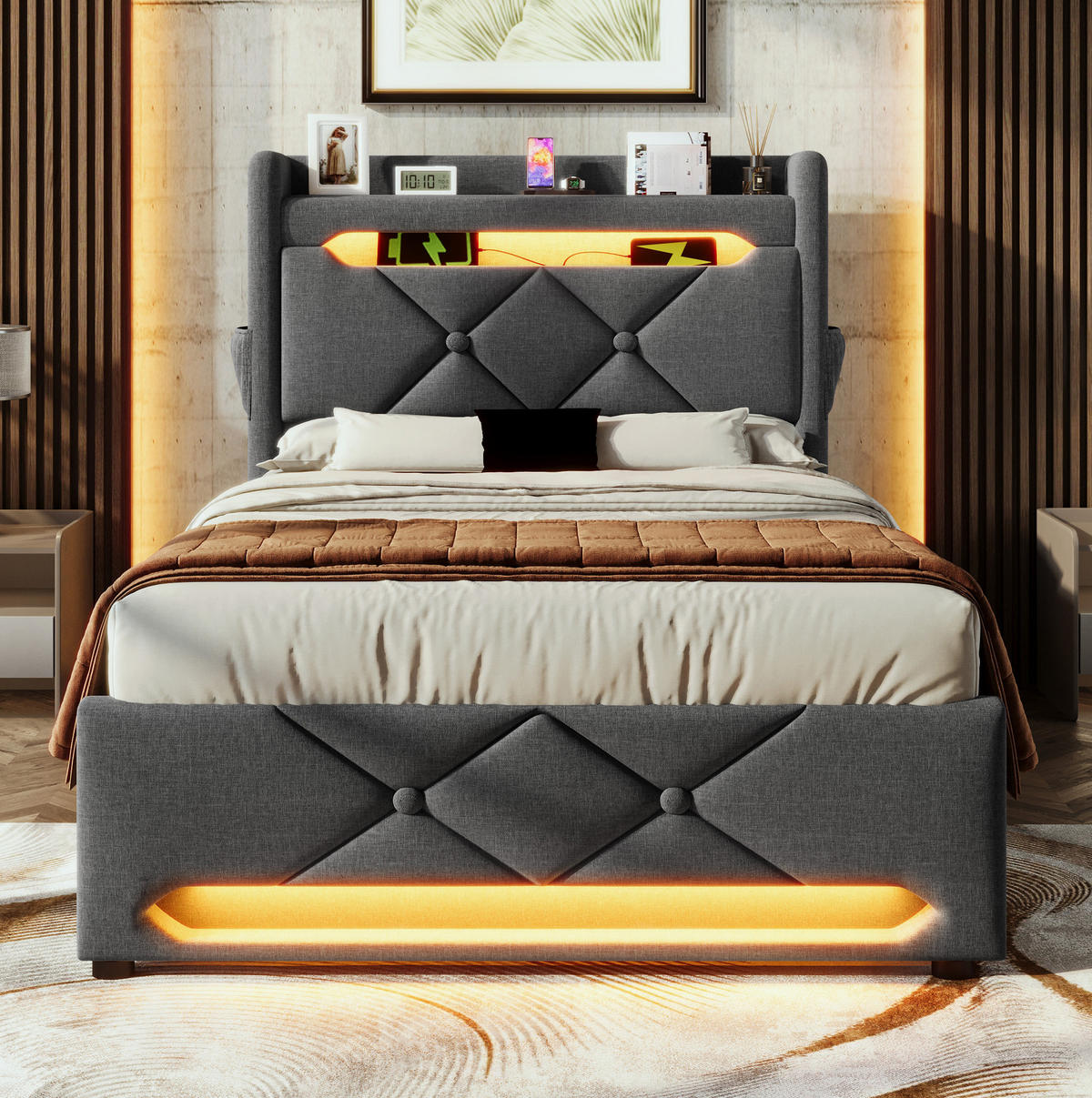 POLSTERBETT mit LED, USB und Stauraum 90x200 cm Grau inkl. Matratze - Grau, Metall (90/200cm) - Meubliv