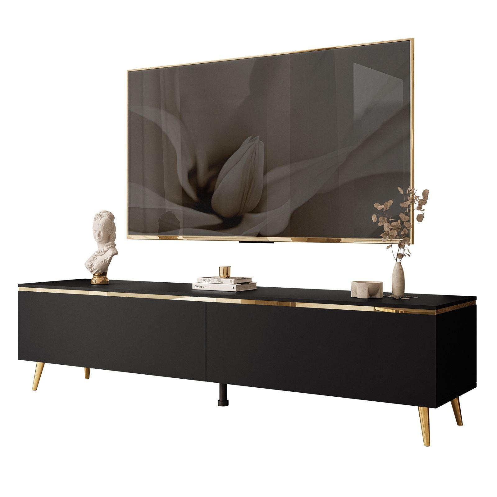 TV-LOWBOARD AURORA Schwarz Matt mit gerade Goldchrom Fuße - Goldfarben/Schwarz, Holzwerkstoff/Metall (180/45/40cm) - Lookway