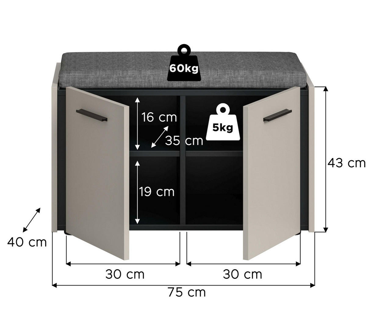SITZBANK INKL. SITZKISSEN Emil Kaschmir 75/40/42 cm - Beige, Holzwerkstoff (75/42/40cm) - Xonox