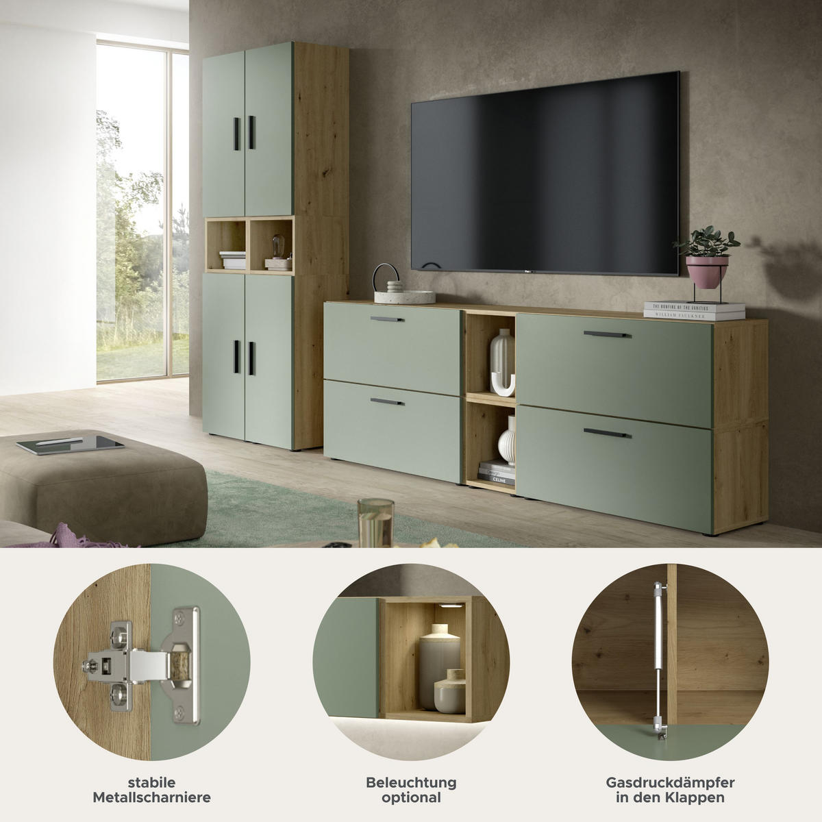 WOHNWAND The One Smoke Green 259/34/182 cm - Braun, Holzwerkstoff (259/182/34cm) - Xonox