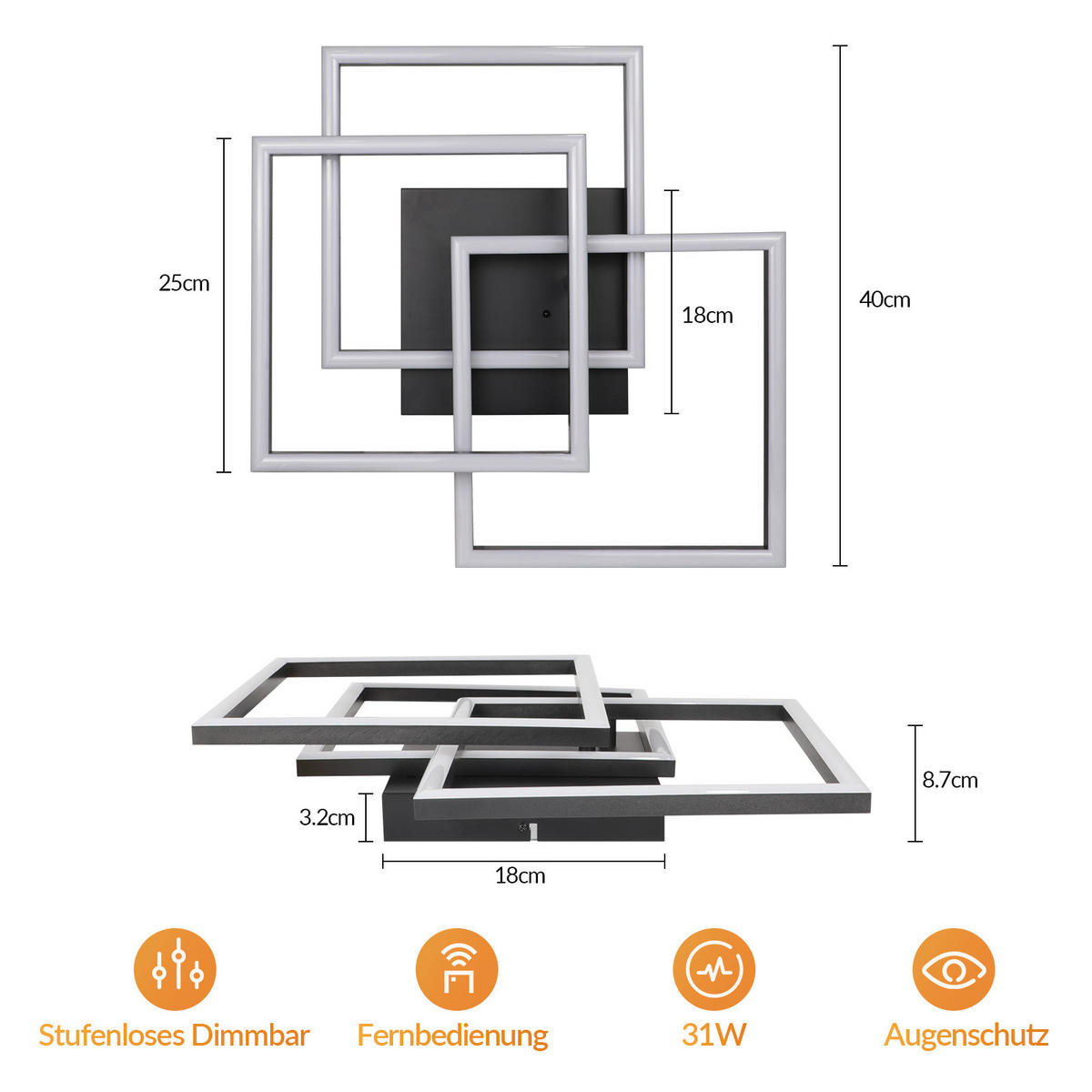 LED DECKENLEUCHTE Lysven 40/40/8.7 cm - Schwarz, Kunststoff (40/40/8.7cm) - ZMH