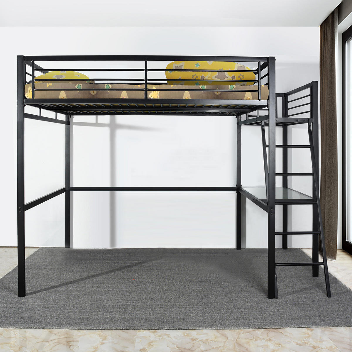 HOCHBETT Metall Schwarz 140x200 cm – Loftbett mit Arbeitsbereich, Leiter und Sicherheitsgeländer - Schwarz, Metall (145.5/201cm) - Meubles Cosy