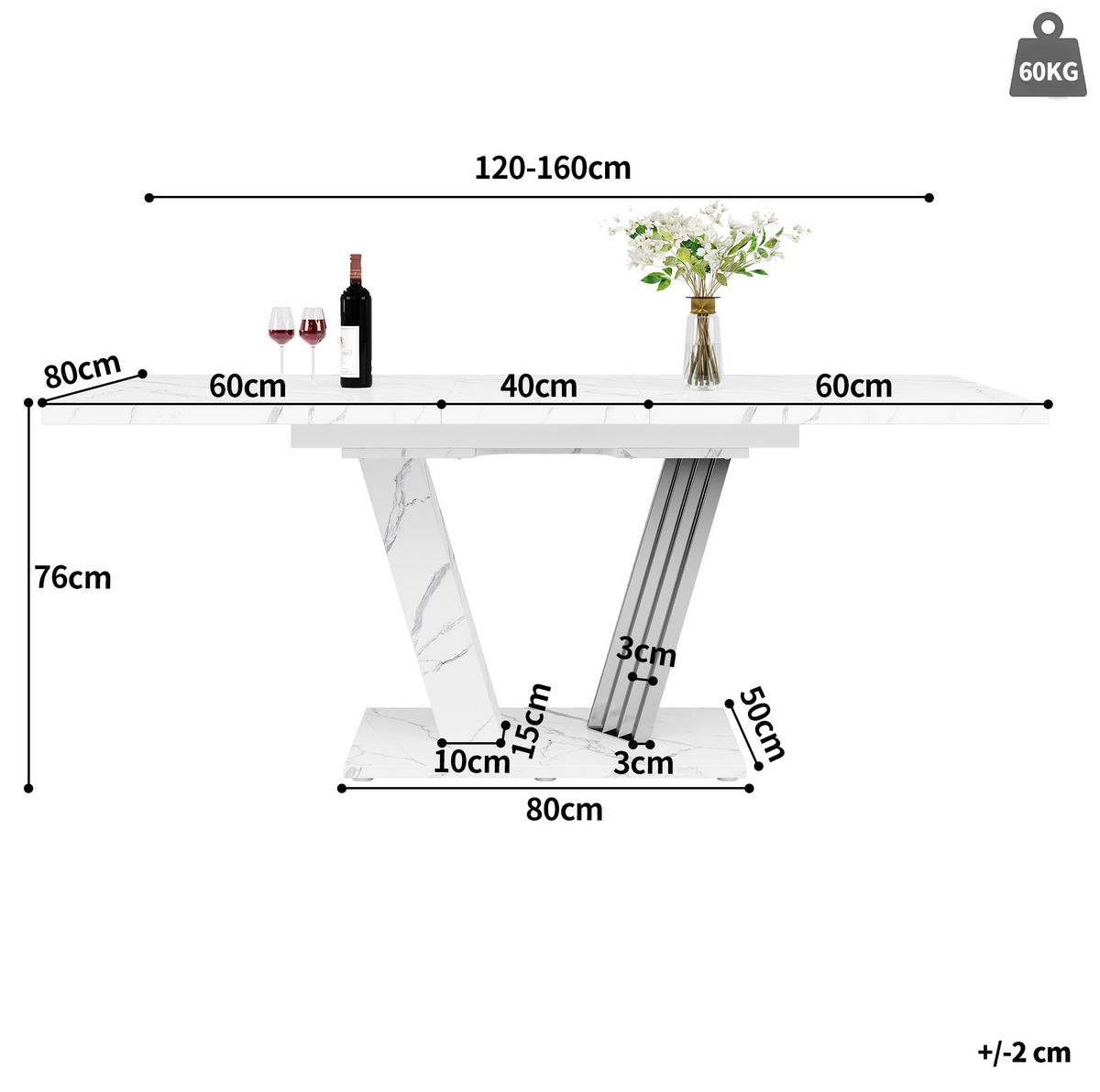 AUSZIEH-ESSTISCH, MDF mit Marmormuster & Metallgestell, 120-160/80/76 cm, Weiß - Weiß, Holzwerkstoff (120/80/76cm) - Redom