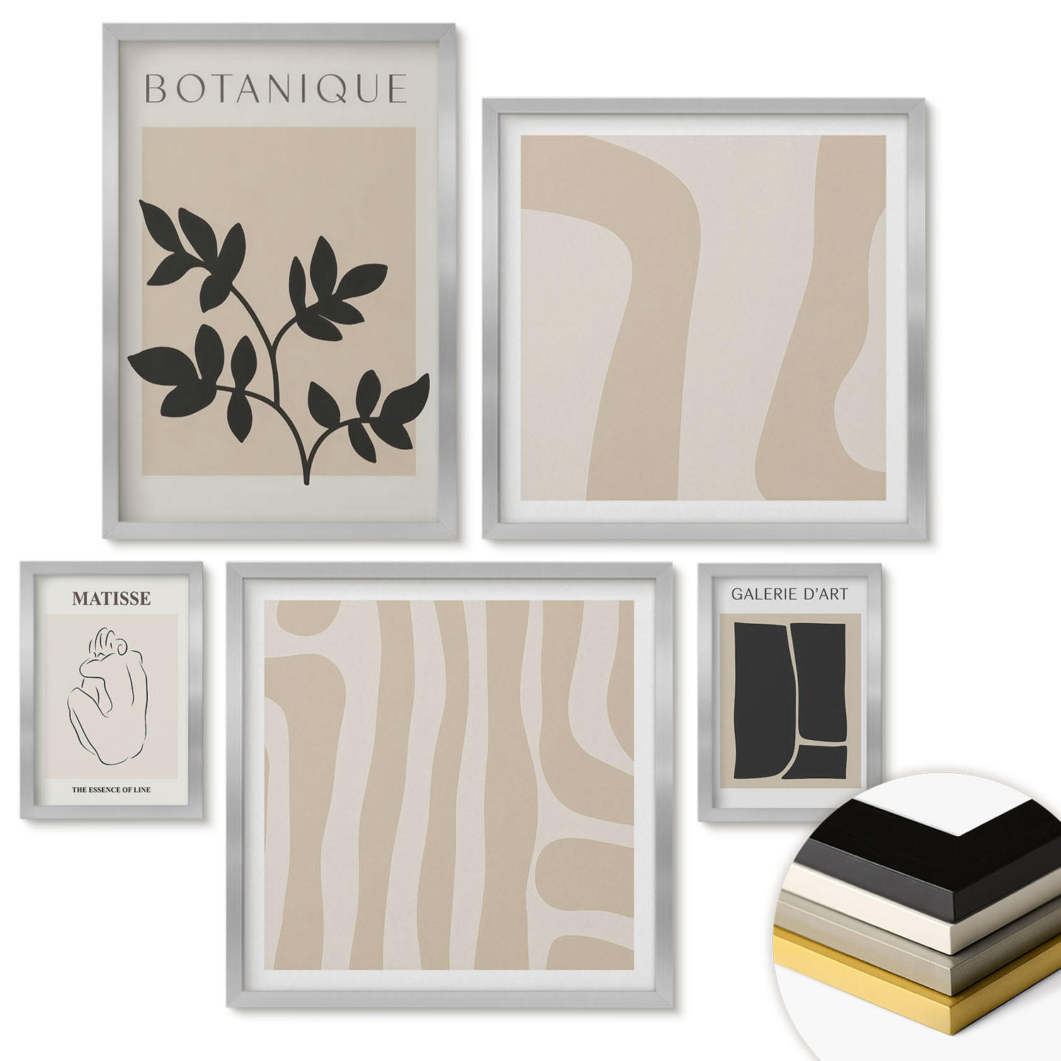 WANDBILDER 5er Set - 50x50 cm & 20x30 cm & 40x60 cm Silberner Rahmen - Abstrakte Pflanzenmotive - Silberfarben, Kunststoff (40/60cm) - ArtPrintCave