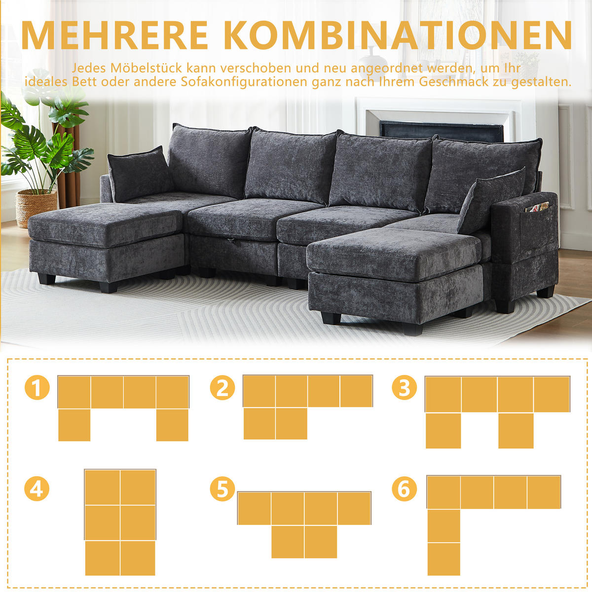 WOHNLANDSCHAFT DE-34550 U-Form mit Stauraum und 6-Sitzer Grau - Grau, Textil (141/87.6/289.6cm) - ComfortXL