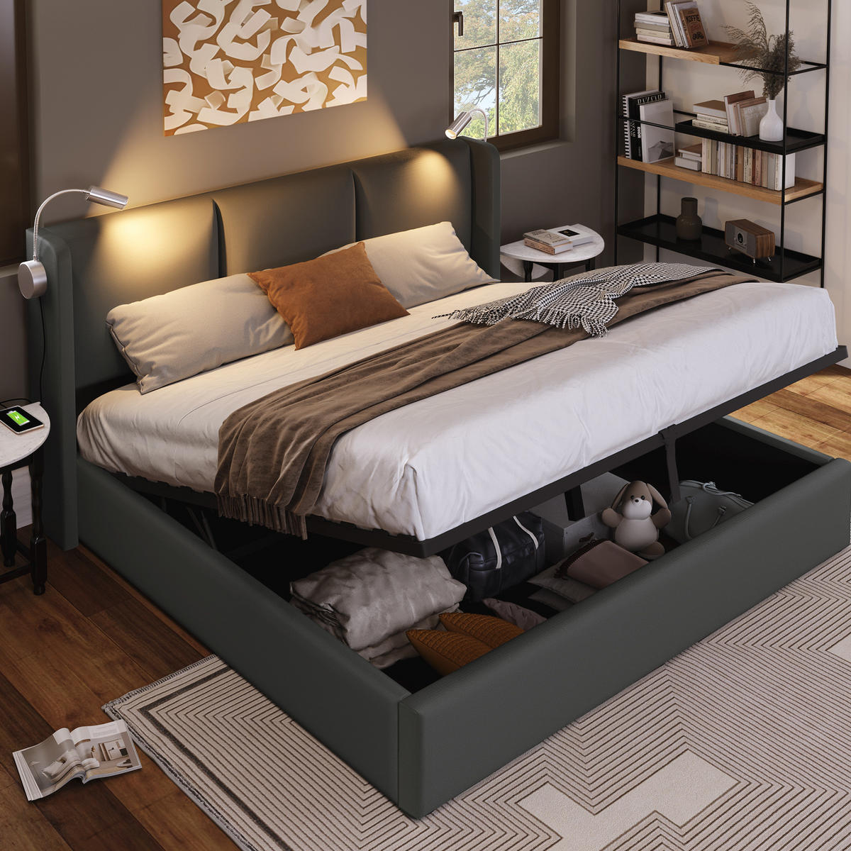 POLSTERBETT aus PU 160x200 cm Grau mit Bettkasten, Leselampe, USB-Ladefunktion und Matratze - Grau, Kunststoff (160/200cm) - IVMEU