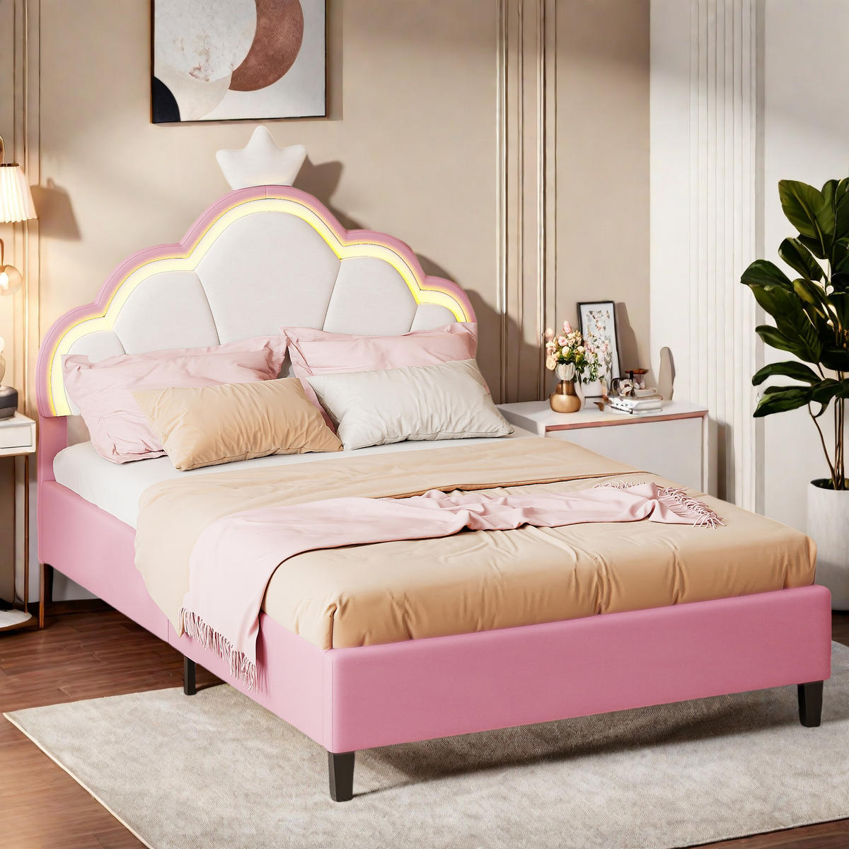 POLSTERBETT 140x200 cm Pink Weiß LED Krone Verstellbar - Pink, Holz (140/200cm) - SHOPENTRA