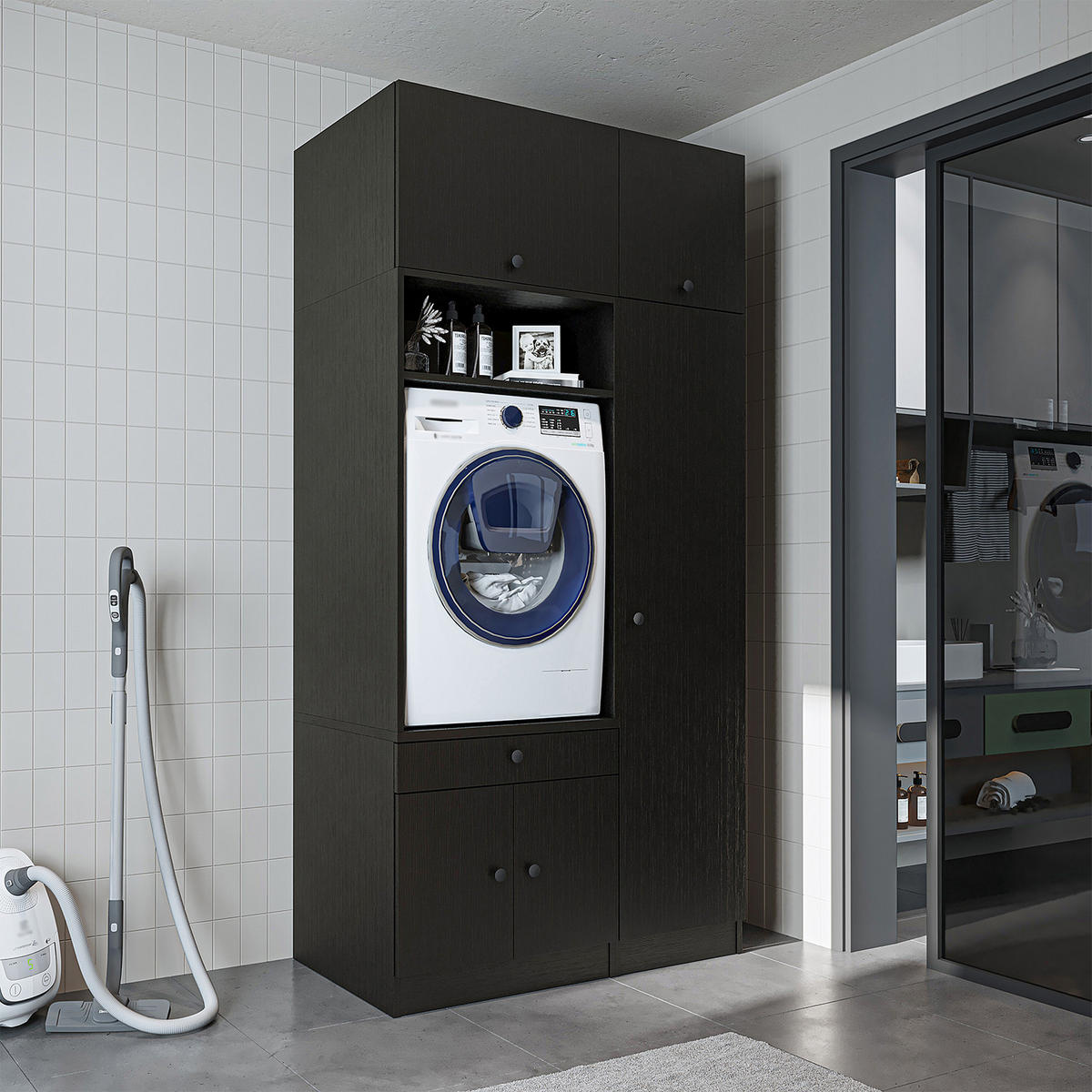 WASCHMASCHINENSCHRANK Serie 1 112cm Breit, 230cm Hoch - Schwarz, Holzwerkstoff (112/230/67cm)