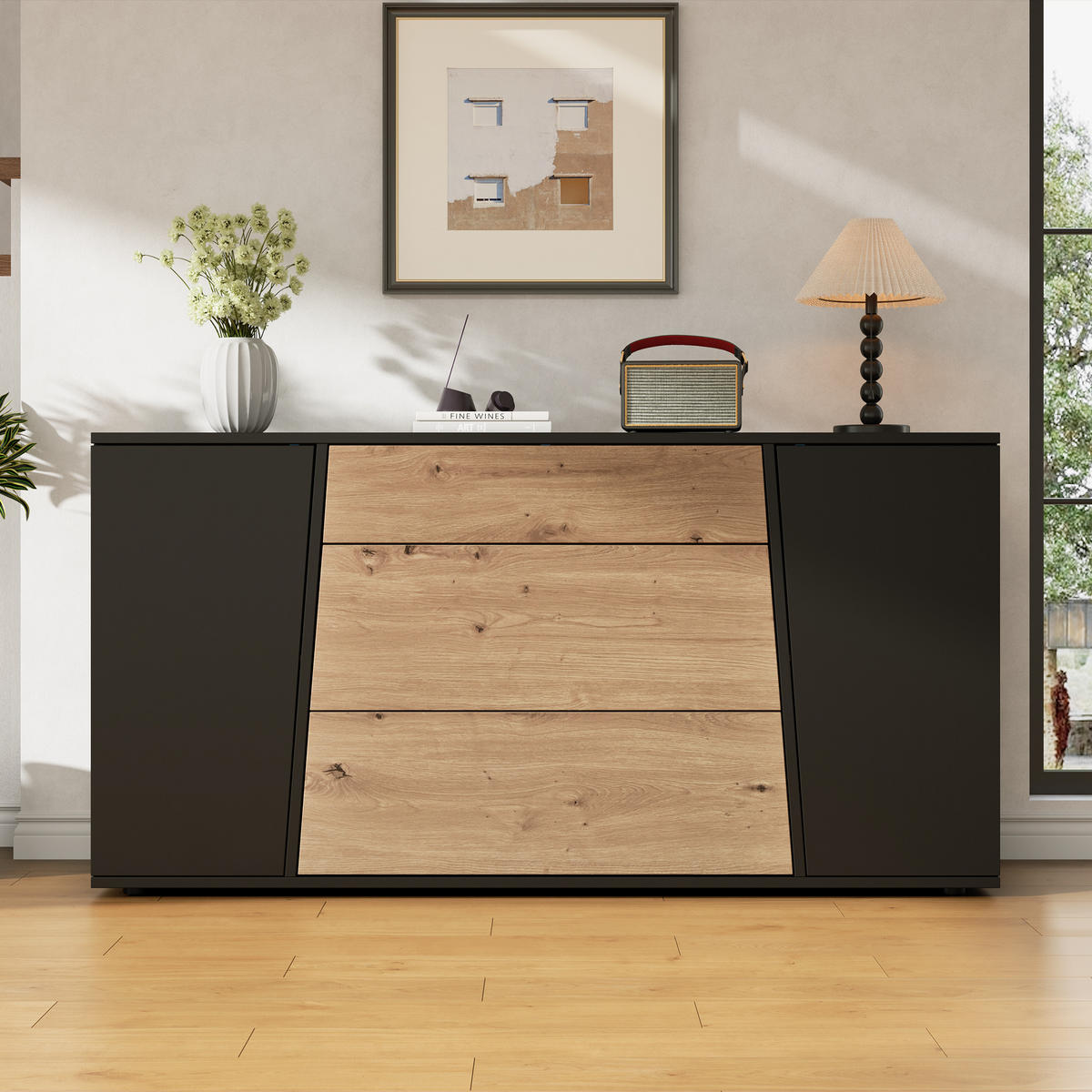 KÜCHENSCHRANK 140x35x70cm Schwarz Holzton mit 3 Schubladen - Schwarz/Naturfarben, Holzwerkstoff (140/70/35cm) - FLIEKS
