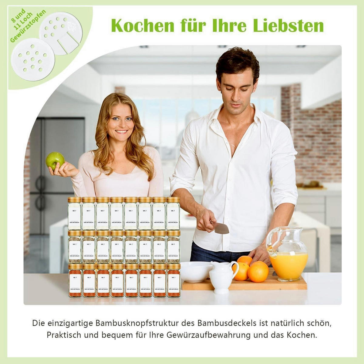 GEWÜRZGLÄSER 12-teiliges Set mit Bambusdeckel 120ml - Multicolor, Glas (4.5/10.5/4.5cm)
