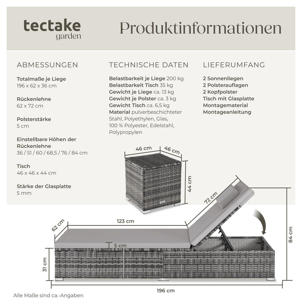 RATTAN-DOPPELLIEGE Carbonera, Belastbarkeit je 200 kg, grau - Grau, Kunststoff (62/36/196cm) - tectake