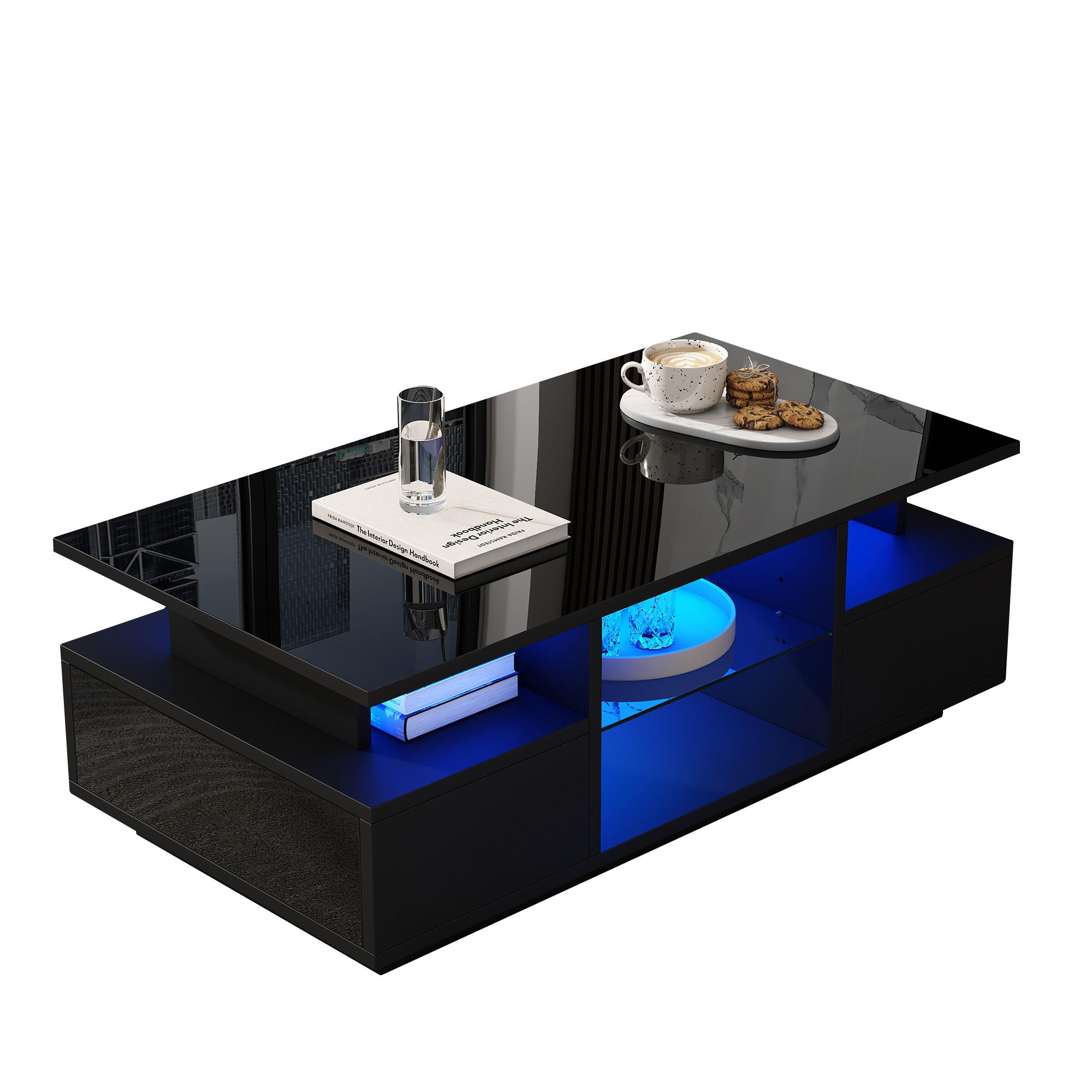 COUCHTISCH mit LED-Beleuchtung, 2 Schubladen und Glasablage in Schwarz - Schwarz, Holzwerkstoff/Metall (100/50/36cm) - EVRYAE