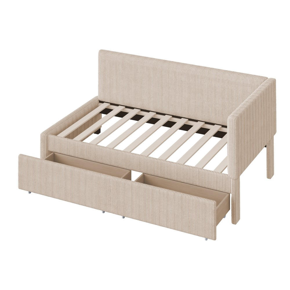 SCHLAFSOFA 90x200 cm in Beige Samtstoff mit 2 großen Stauraumschubladen - Beige, Holz/Textil (97/68/204.5cm) - KOMHTOM
