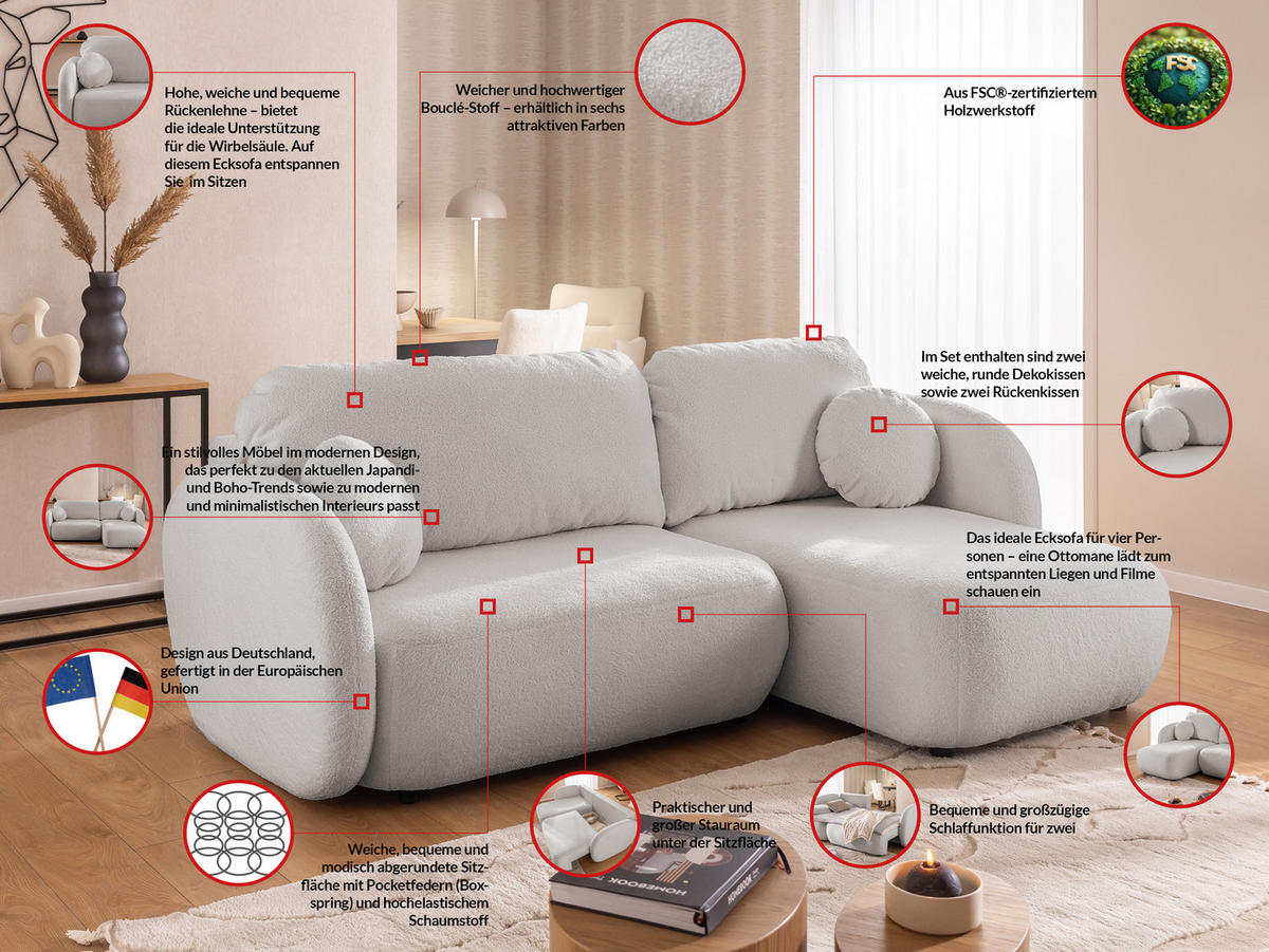 ECKSOFA Candy mit Schlaffunktion Hellgrau Bouclé-Stoff - Ottomane rechts - Hellgrau/Schwarz, Holz/Kunststoff (146/230cm) - S-Style Möbel