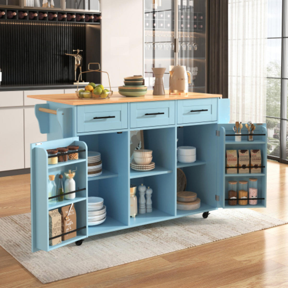 KÜCHENINSEL Blau aus MDF mit klappbarer Erweiterungsplatte 139 × 46 × 91,5 cm - Blau, Holzwerkstoff (139/91.5/71cm) - Luhomfu
