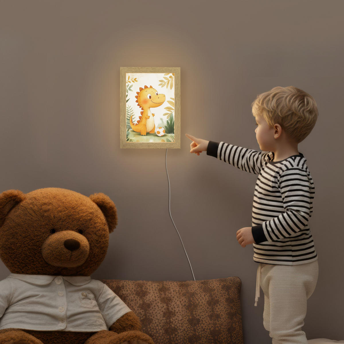 NACHTTISCHLAMPE Dino - Fußball - Orange 15x20 cm - Beige, Holzwerkstoff (8/15/20cm)