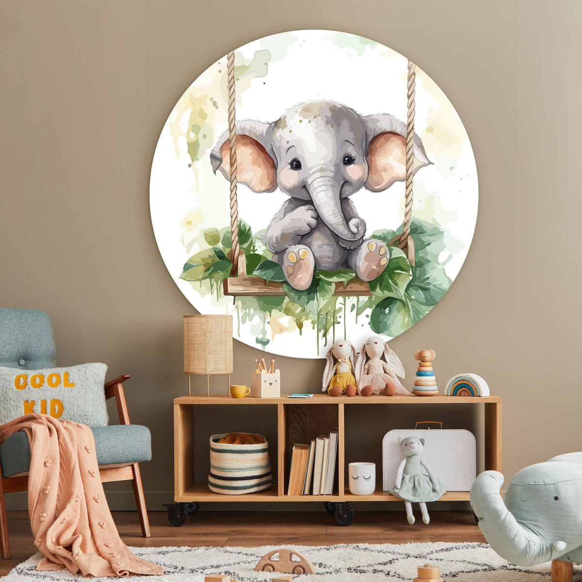 WANDBILD Elefant - Tier - Kinder - Dschungel 120x120 cm - Hellgrau, Kunststoff (120/120cm) - MuchoWow