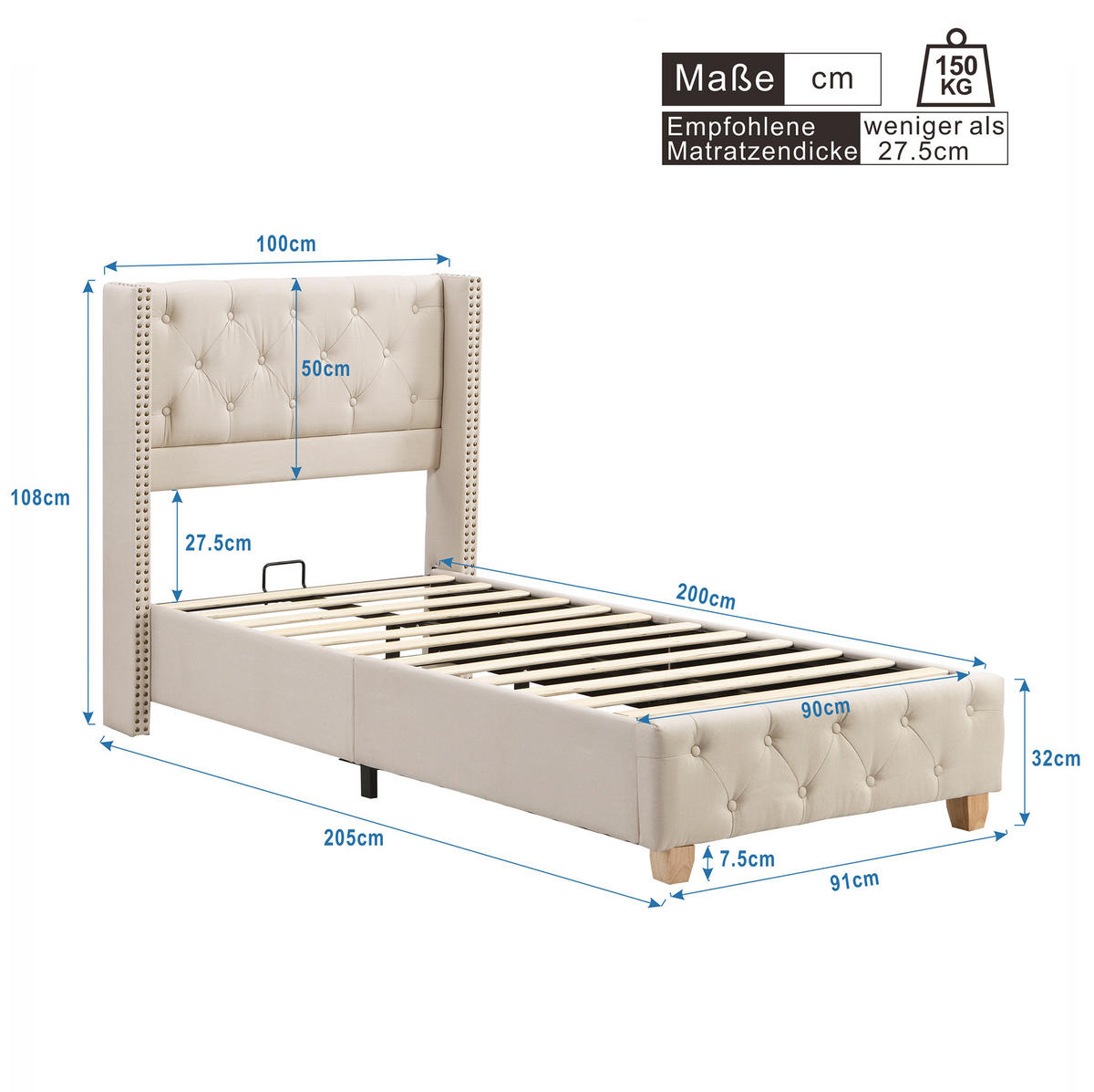 POLSTERBETT 90/200 cm Beige aus Leinen mit Lattenrost - Beige, Textil (90/200cm) - OKMYHOME