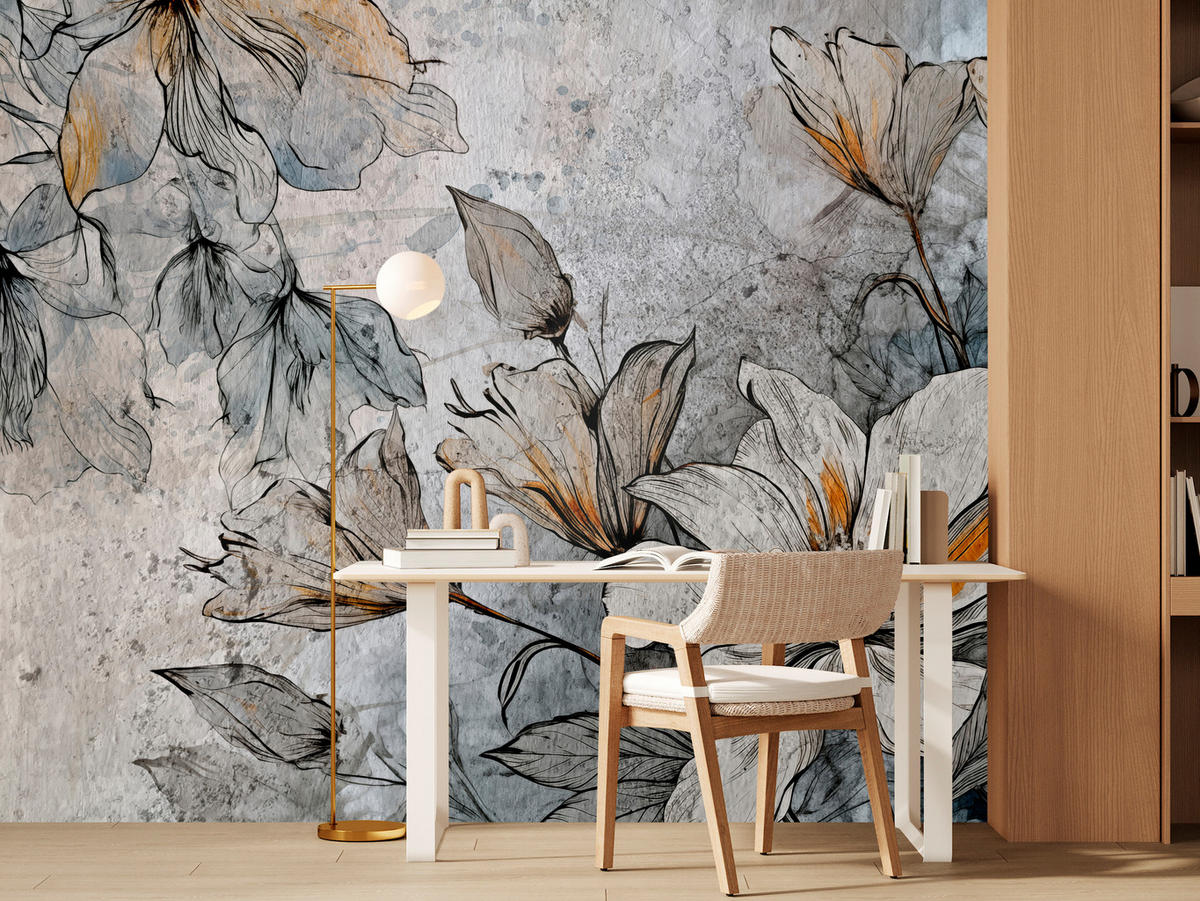 FOTOTAPETE für Büro Blumen Blätter Betongrund Vintage Pflanzen 350x256 - Grau, Papier (350/256cm) - Muralo