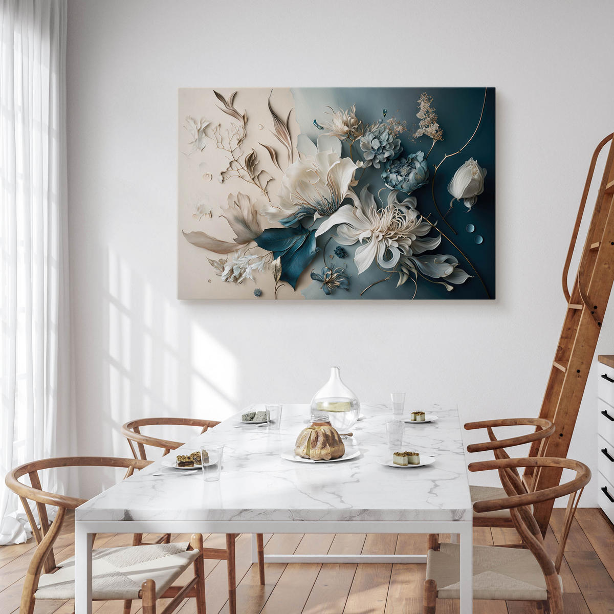 LEINWANDBILD Abstrakte Blumen Pflanzen 3D Effekt 120x80cm - Blau/Beige, Textil (120/80cm) - Muralo