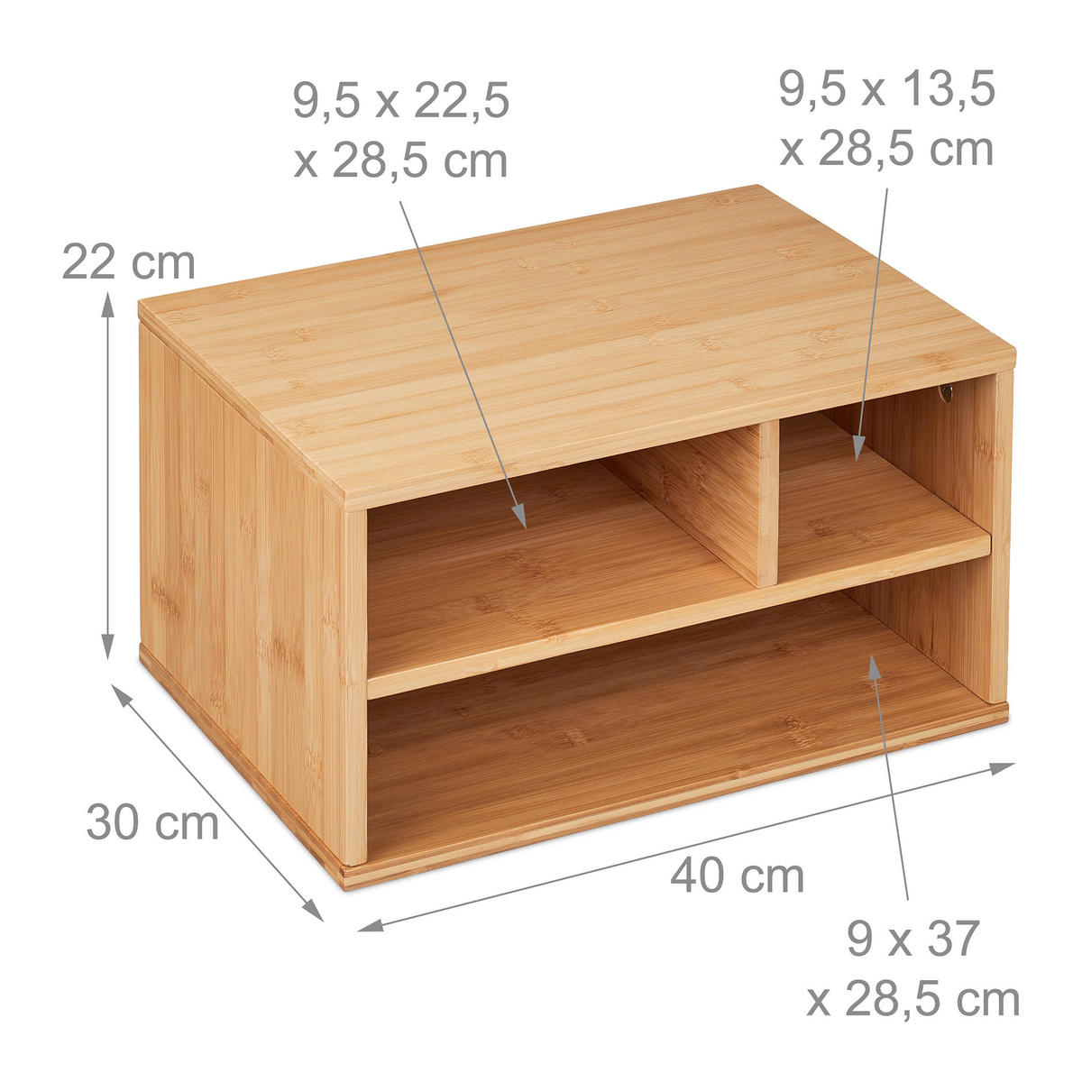 STOJAN Prírodná bambus 3 priehradky 22x40x30 cm - svetlohnedá, drevo (30/40/22cm) - Relaxdays