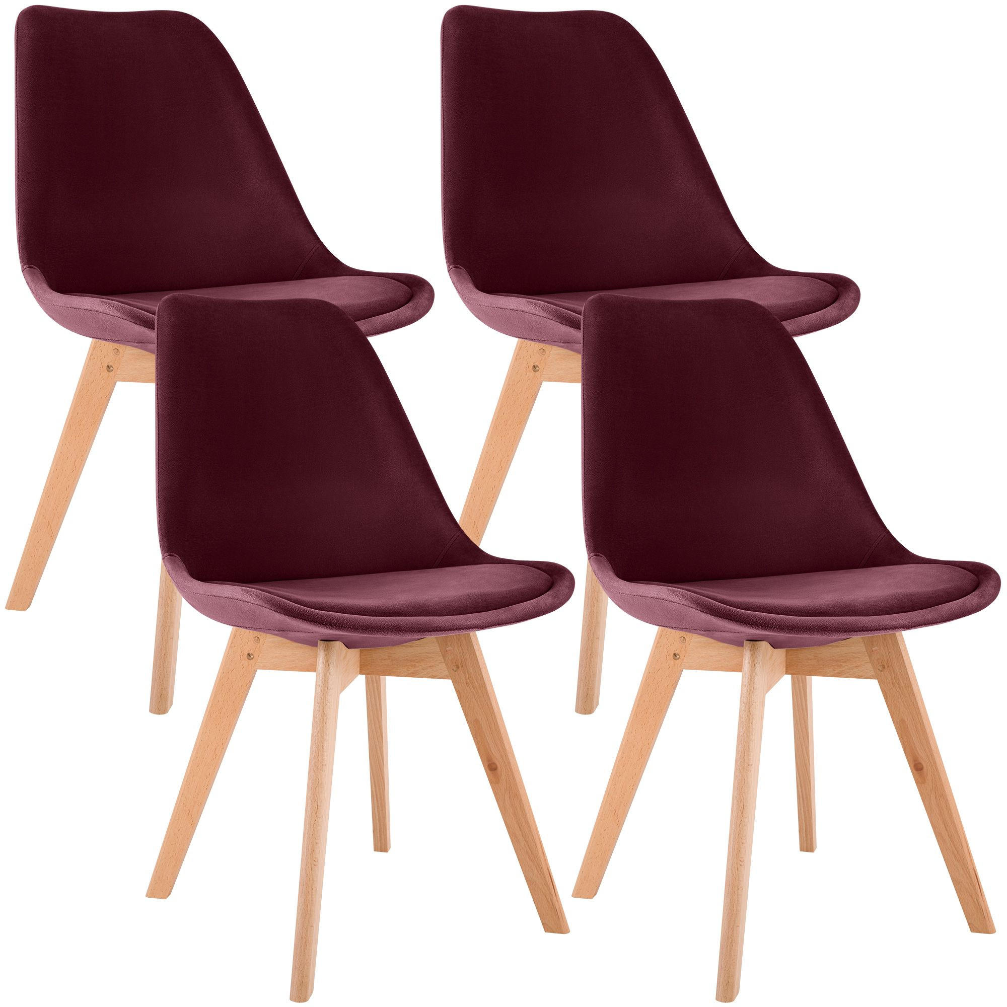 STUHL 4er Set Samt bordeauxrot - Eukalyptusholzfarben/Bordeaux, Holz/Textil (49/83/50cm) - CLP