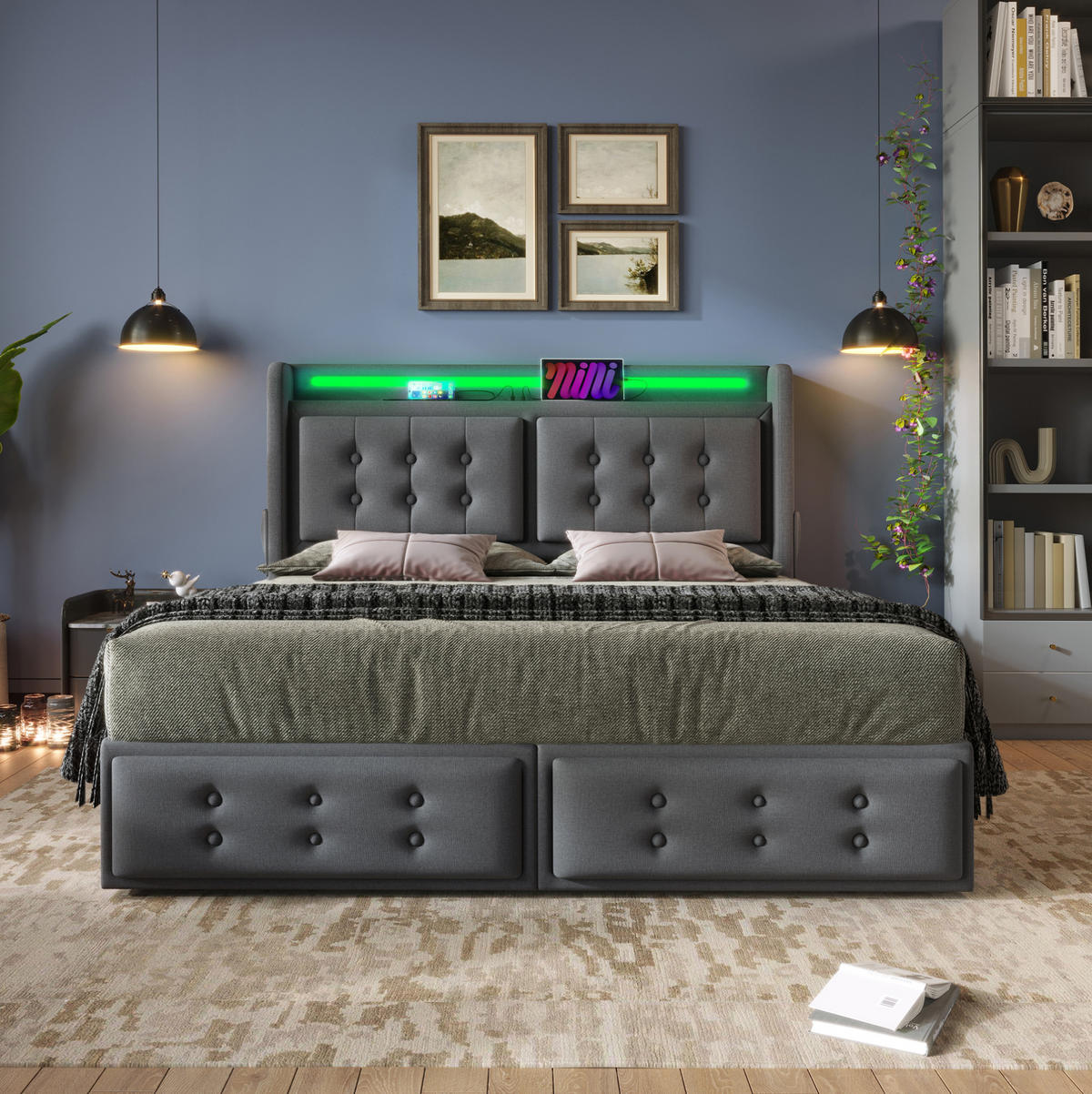 OBLAZINJENA postelja 140/200 cm z LED osvetlitvijo, USB-C, USB in 4 predali, Siva - siva, tekstil (140/200cm) - Redom