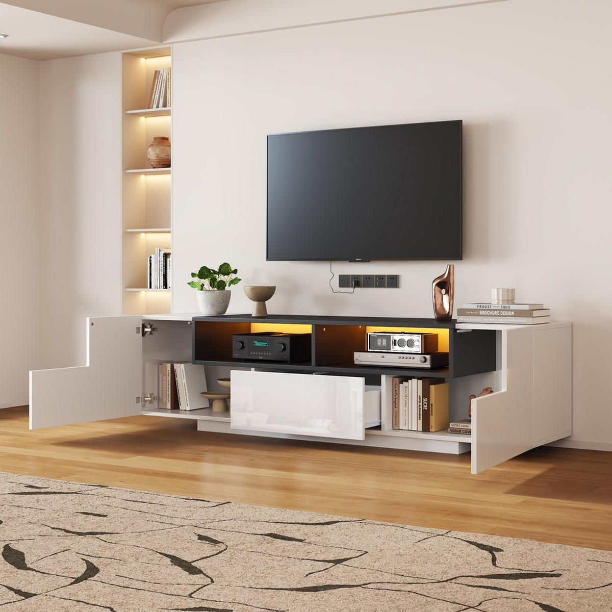 TV-SCHRANK 180x40cm Lowboard L-Form LED-Licht Schubladen Weiß-Schwarz - Weiß, Holz (40/48/180cm) - FLIEKS