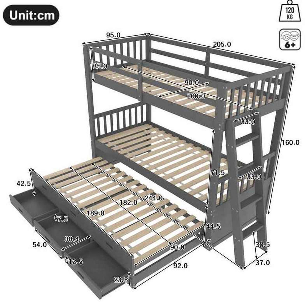 POSCHODOVÁ posteľ 90/200 cm sivá s výsuvným lôžkom a 3 zásuvkami z borovice a MDF - sivá, drevo (90/200cm) - OKWISH