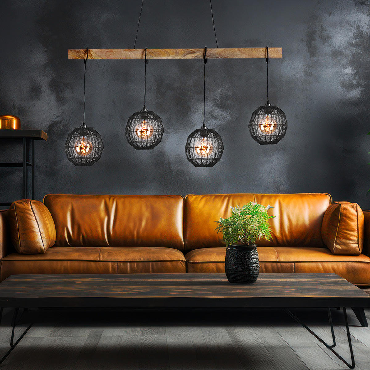 HÄNGELEUCHTE Metall Braun Holz 4-flammig - Braun, Holz (100/20/140cm) - Globo Lighting