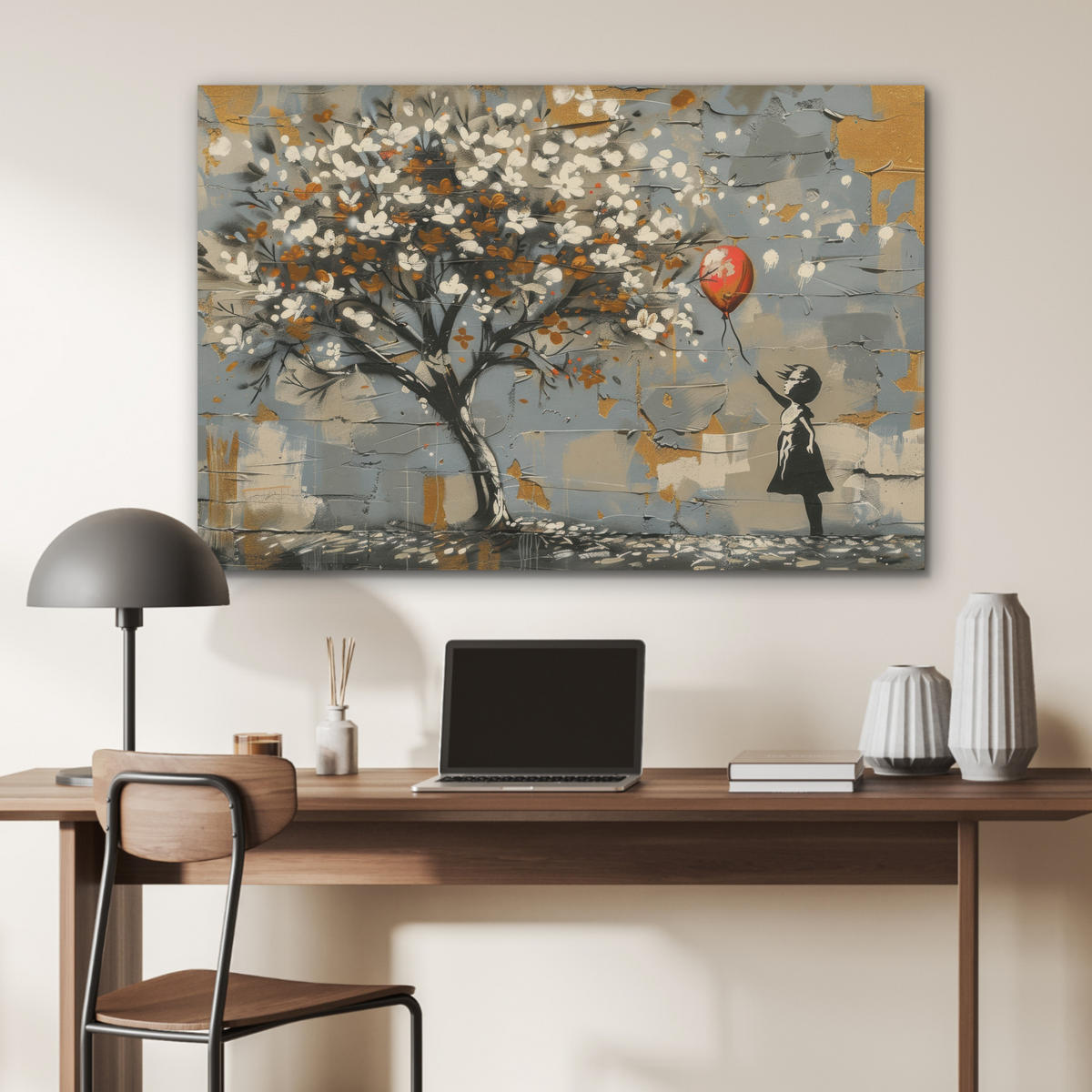 AKUSTIKBILD Baum - Graffiti - Banksy-Stil - Ballon-Mädchen Akustikpaneele 90x60 cm - Blaugrau, Kunststoff (90/60/0.9cm) - MuchoWow