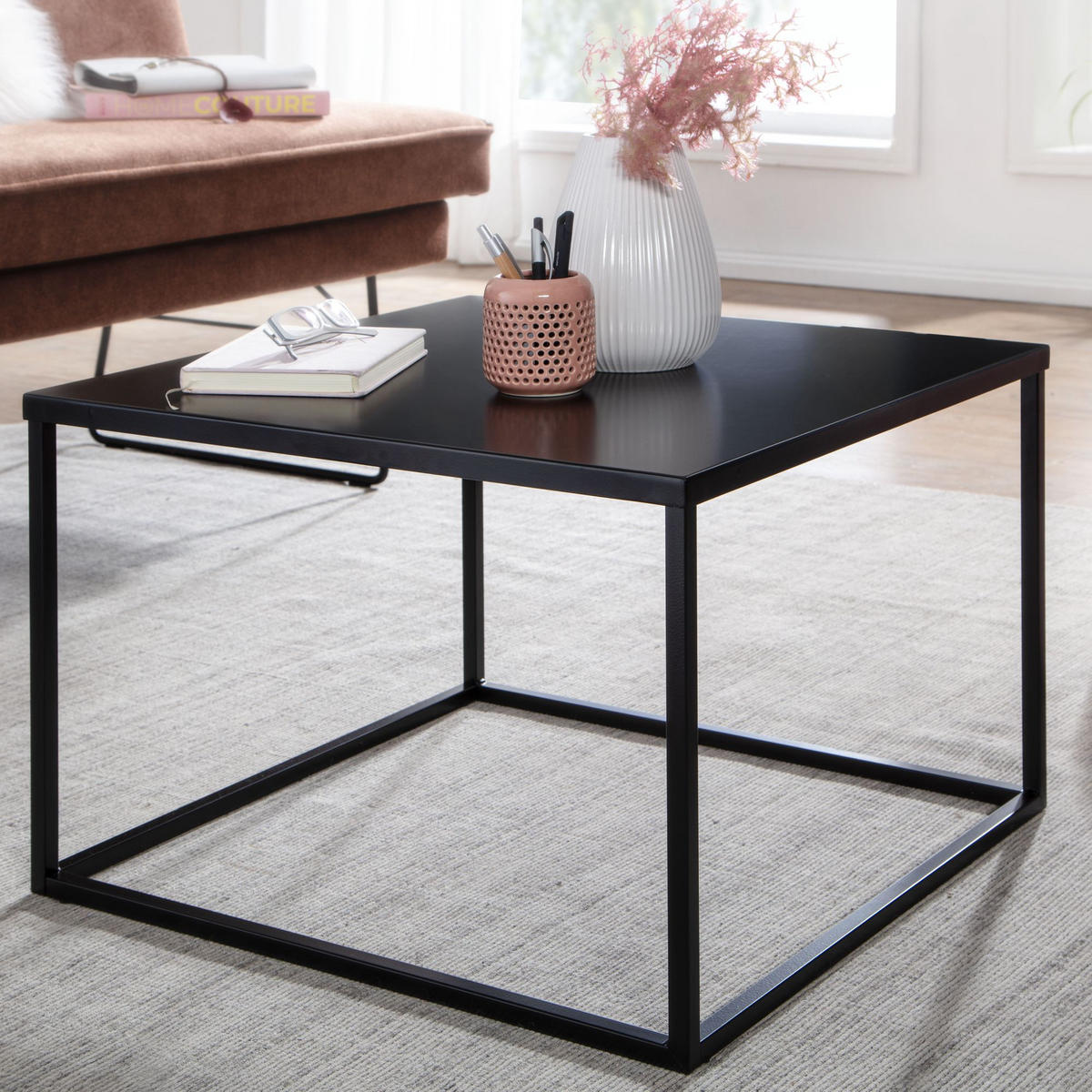 COUCHTISCH quadratisch mit Marmor-Optik, Metallgestell im Industrial-Stil, Schwarz 60x60x45 cm - Schwarz, Metall (60/60/45cm) - KADIMA DESIGN