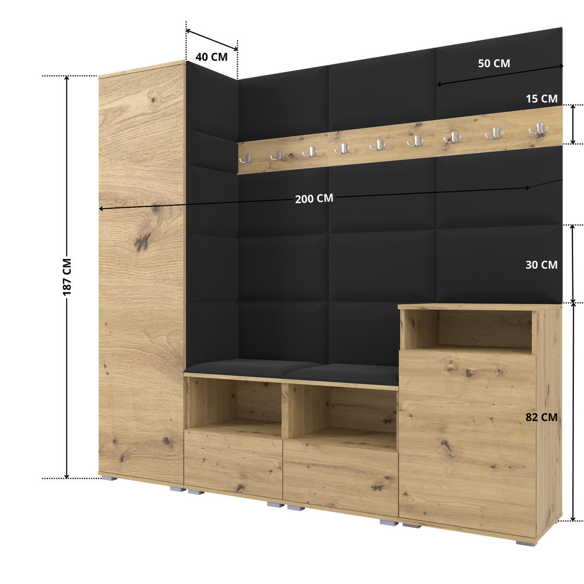 GARDEROBE NELA X 200 cm (Modulare Flurmöbel Artisan Eiche mit Sitzpolster Schwarz 16 Schrank + Sideboard) - Silberfarben/Schwarz, Holz/Holzwerkstoff (200/187/40cm) - Ravio