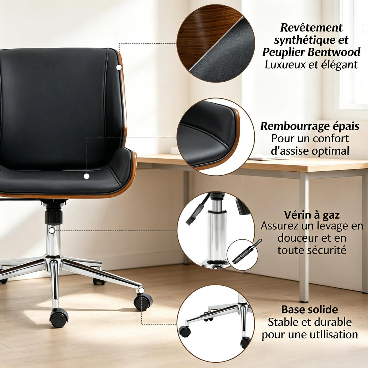 DREHSTUHL ergonomischer Bürostuhl höhenverstellbar 53x60x96 cm - Schwarz, Holzwerkstoff (53/86/60cm) - Gisaae