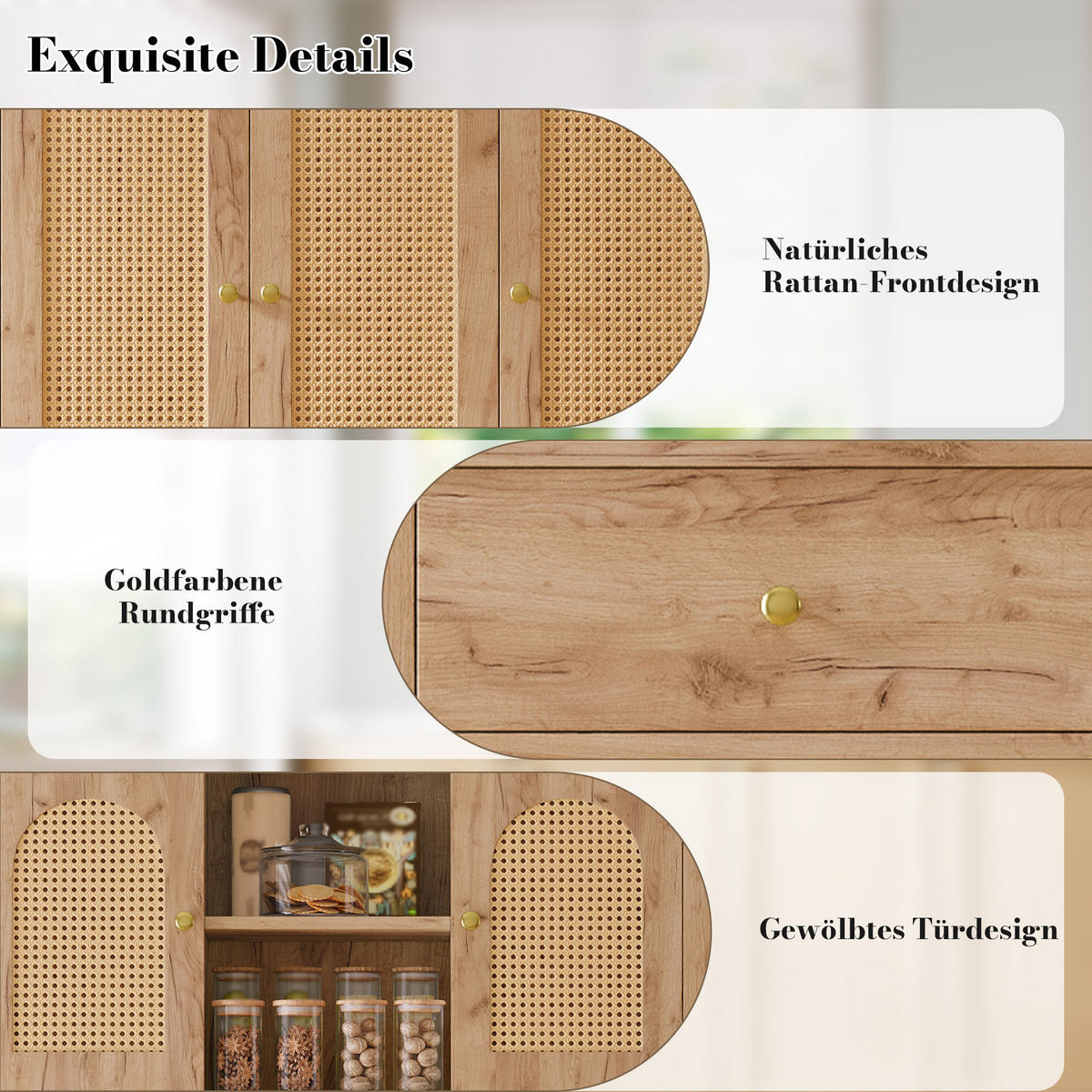BUFFET DE-38637 100/40/180 cm LED-Beleuchtung und 5 Rattantüren Natur - Naturfarben, Holzwerkstoff (100/180/40cm) - ComfortXL