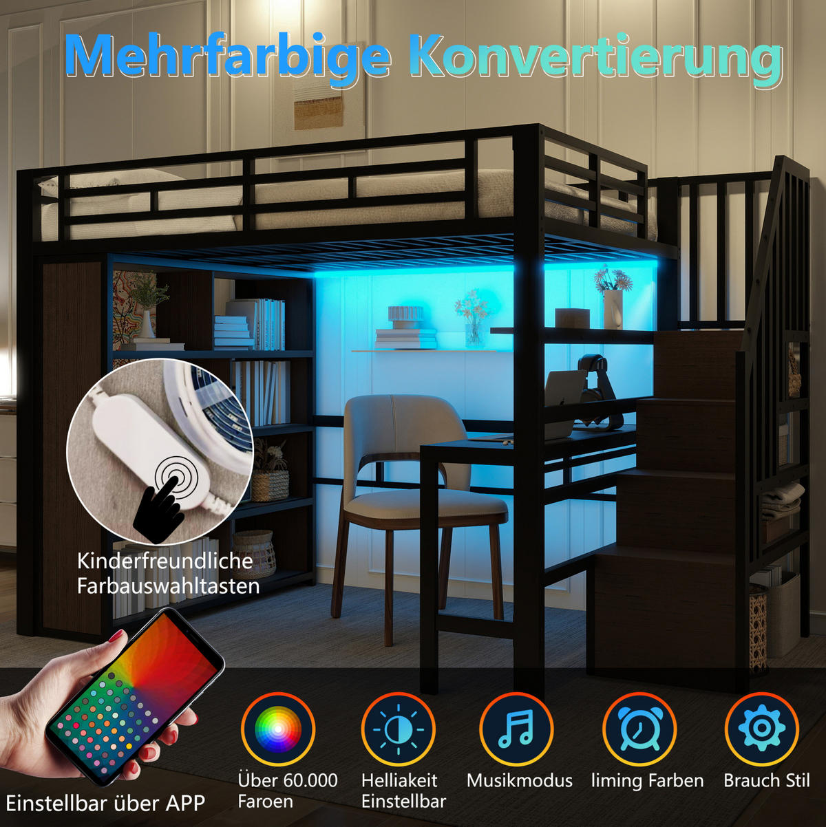 HOCHBETT 140/200 cm Schwarz aus Metall mit Schreibtisch und Stauraum - Schwarz, Metall (140/200cm) - OKMYHOME