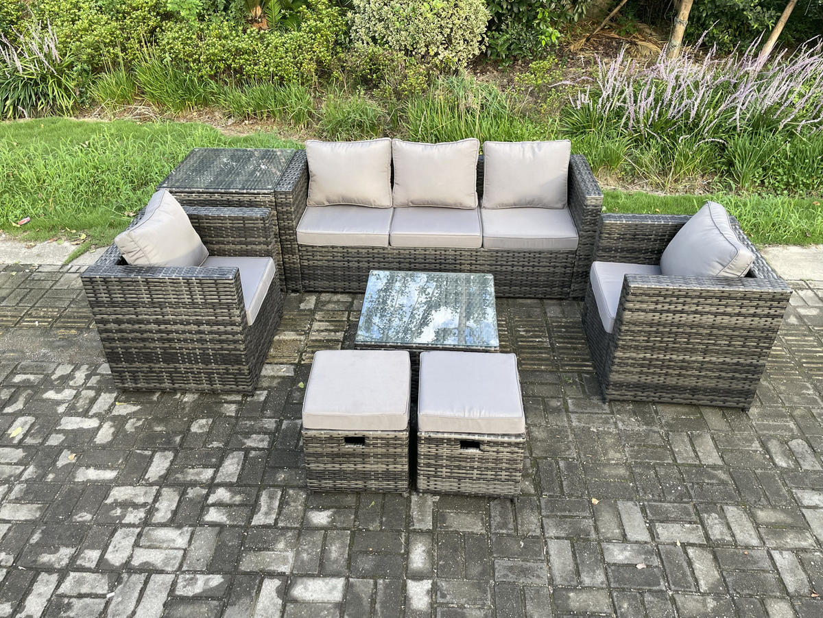 GARTENSET mit Beistelltisch Polyrattan 7-Sitzer - Dunkelgrau, Metall - Fimous