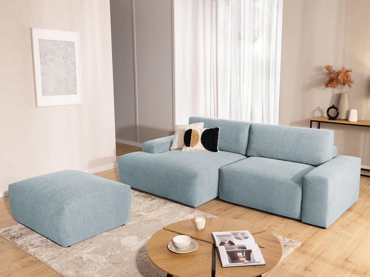 ECKSOFA inkl. Hocker Lennon aus Hellblau Strukturstoff mit Schlaffunktion und Bettkasten - Schwarz/Hellblau, Holz/Kunststoff (137/264cm) - S-Style