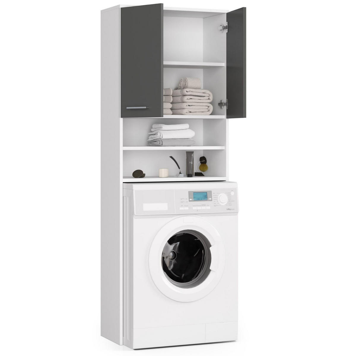 WASCHMASCHINENSCHRANK FIN, Weiß-Grau, 64x30x180 cm - Weiß/Grau, Holz (64/180/30cm) - Milordbikes