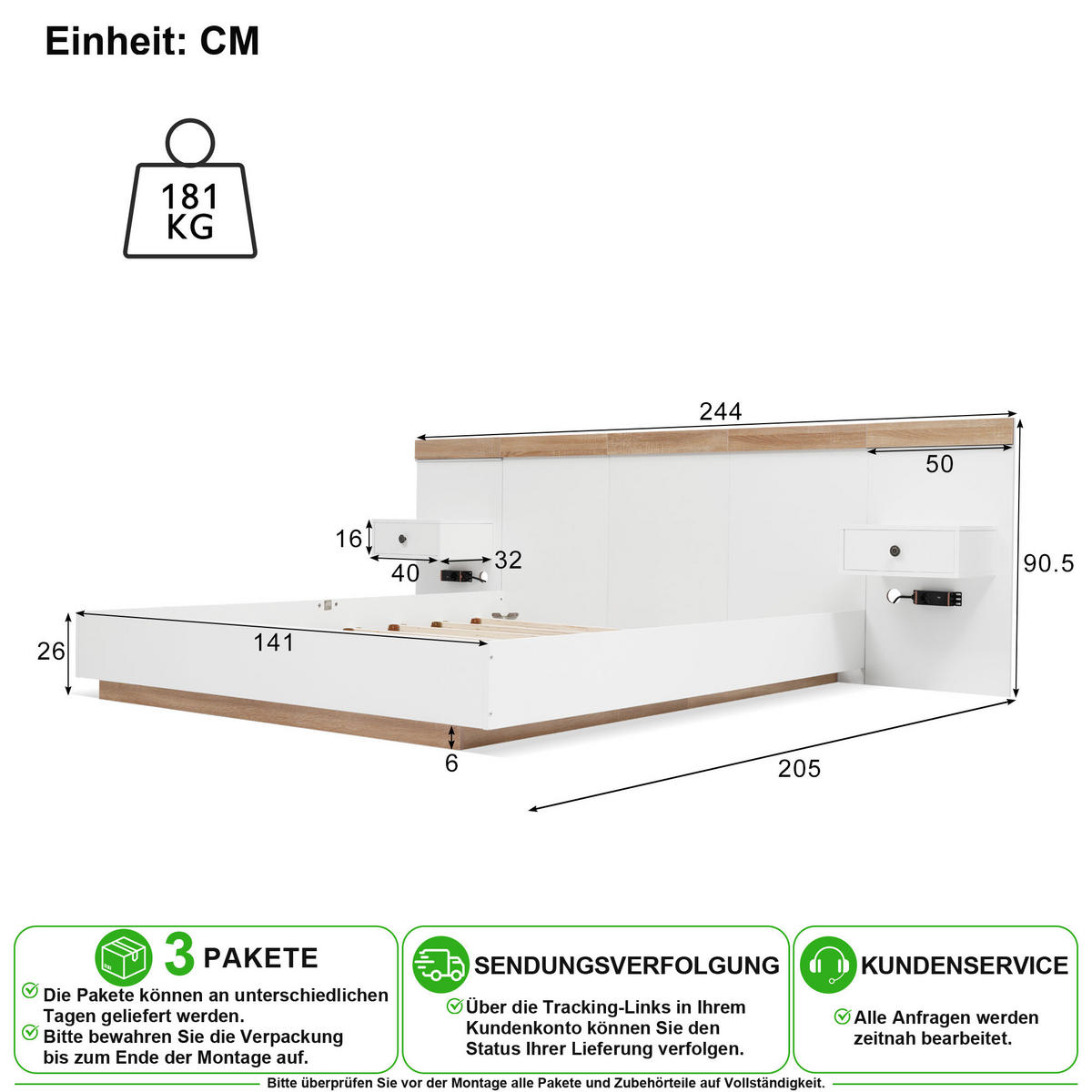 POSTELOVÁ SESTAVA 140/200 cm v bílé a dekoru dub Sonoma s LED osvětlením a USB-C - bílá, kov/kompozitní dřevo (140/200cm) - CHICFURN