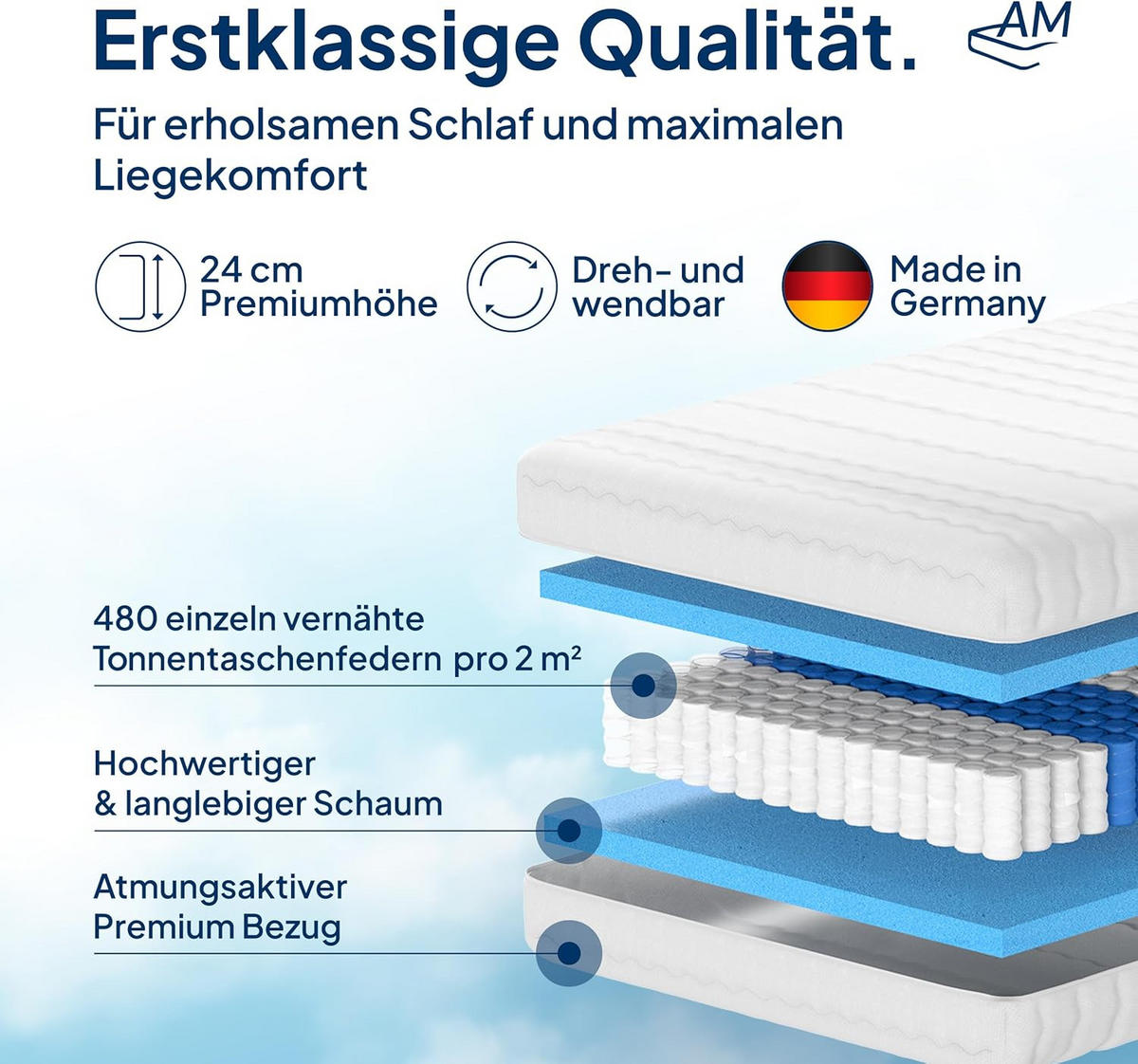 TASCHENFEDERKERNMATRATZE Premium 160/200 cm H4 - 24cm Höhe & Tencel Bezug - Weiß, Textil (160/200cm) - AM Qualitätsmatratzen