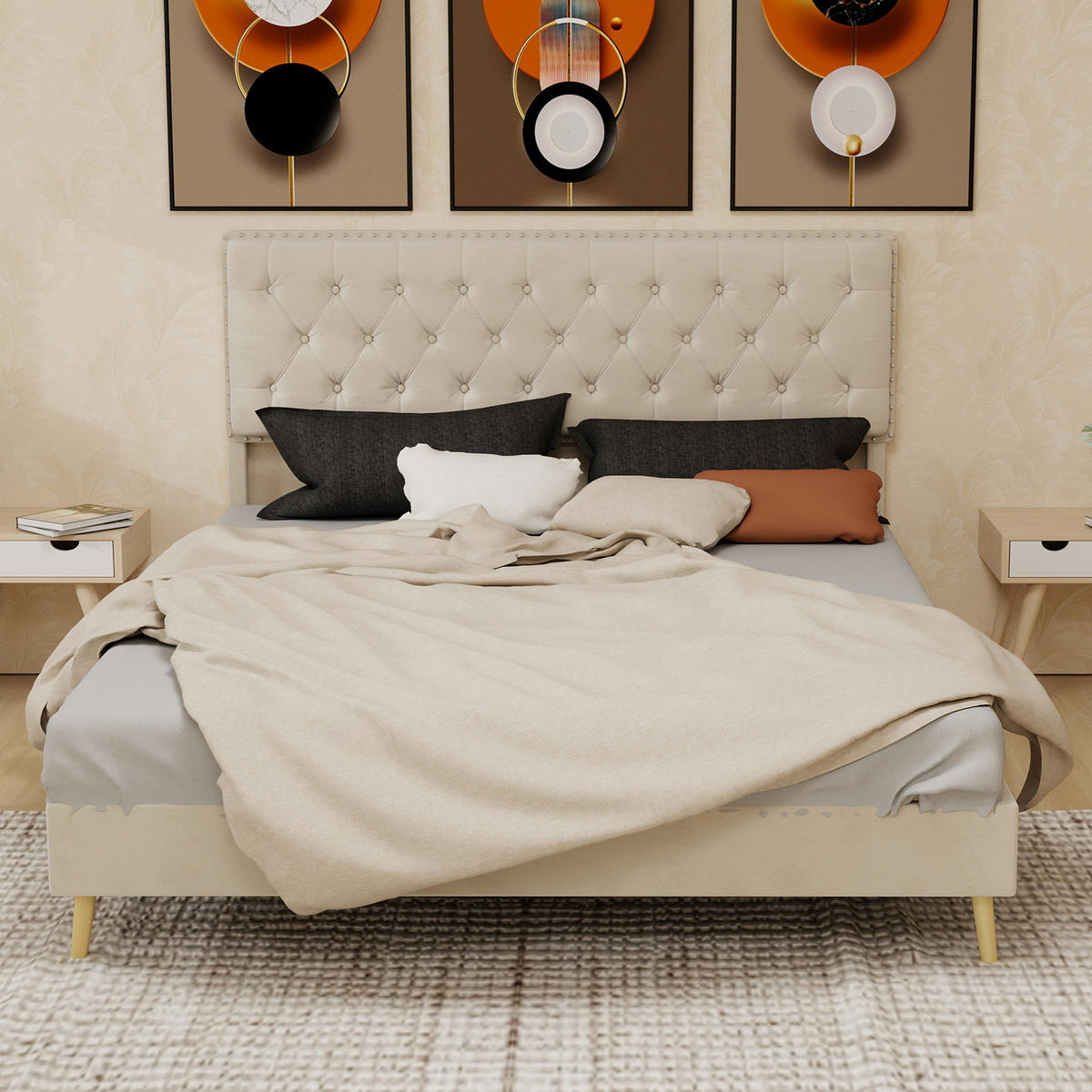 POLSTERBETT 160/200 cm in Beige Samt mit Stauraum unter dem Bett - Beige, Holzwerkstoff/Textil (160/200cm) - WISHDOR