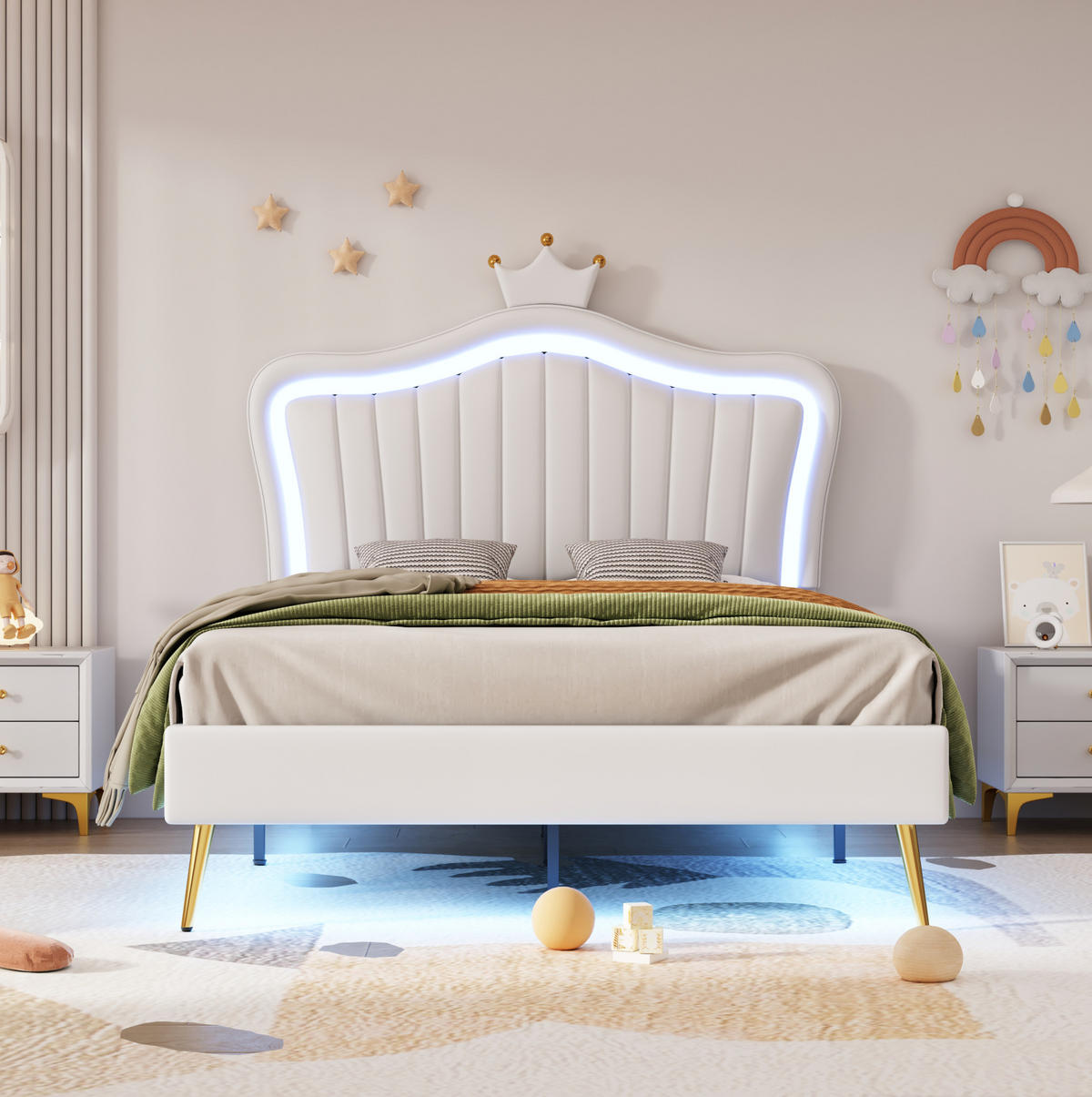 KINDERBETT 90/200 cm mit LED-Beleuchtung, verstellbarem Kopfteil und Muschel-Kronen-Design, Weiß - Weiß, Textil (90/200cm) - Redom