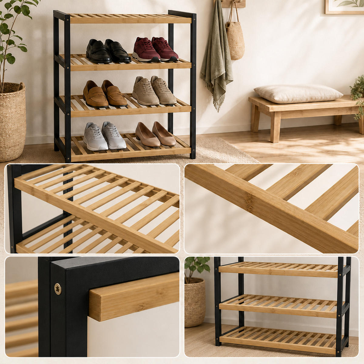 SCHUHREGAL Natur Schwarz Bambus 4 Ebenen - Hellbraun, Holz (70/75.5/24.5cm) - Relaxdays