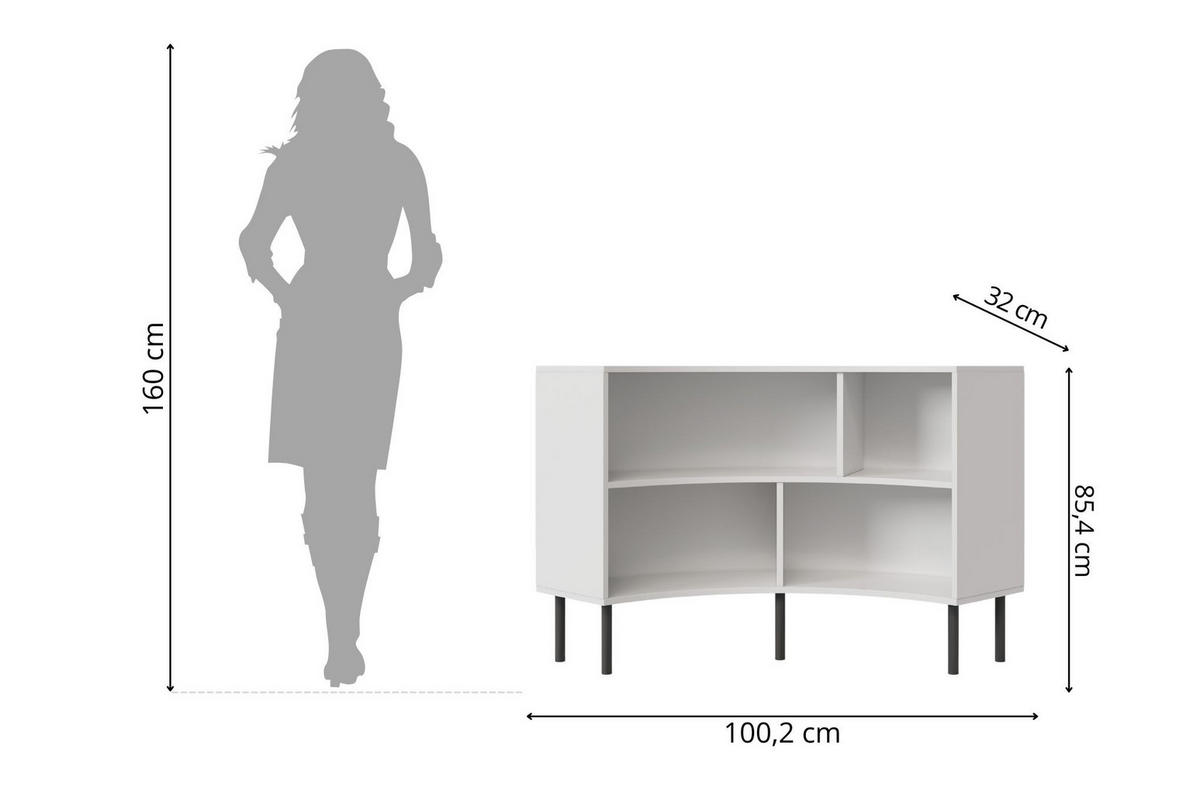 BÜCHERREGAL Horn, Weiß, Bogenform, 4 Fächern, 100 cm - Schwarz/Weiß, Holzwerkstoff/Metall (100.2/85.4/32cm) - Skandica